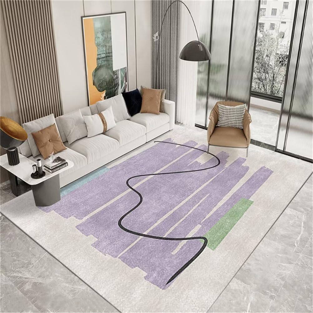 Tapis de salon lavable violet et gris 100x200cm au design moderne de ligne simple