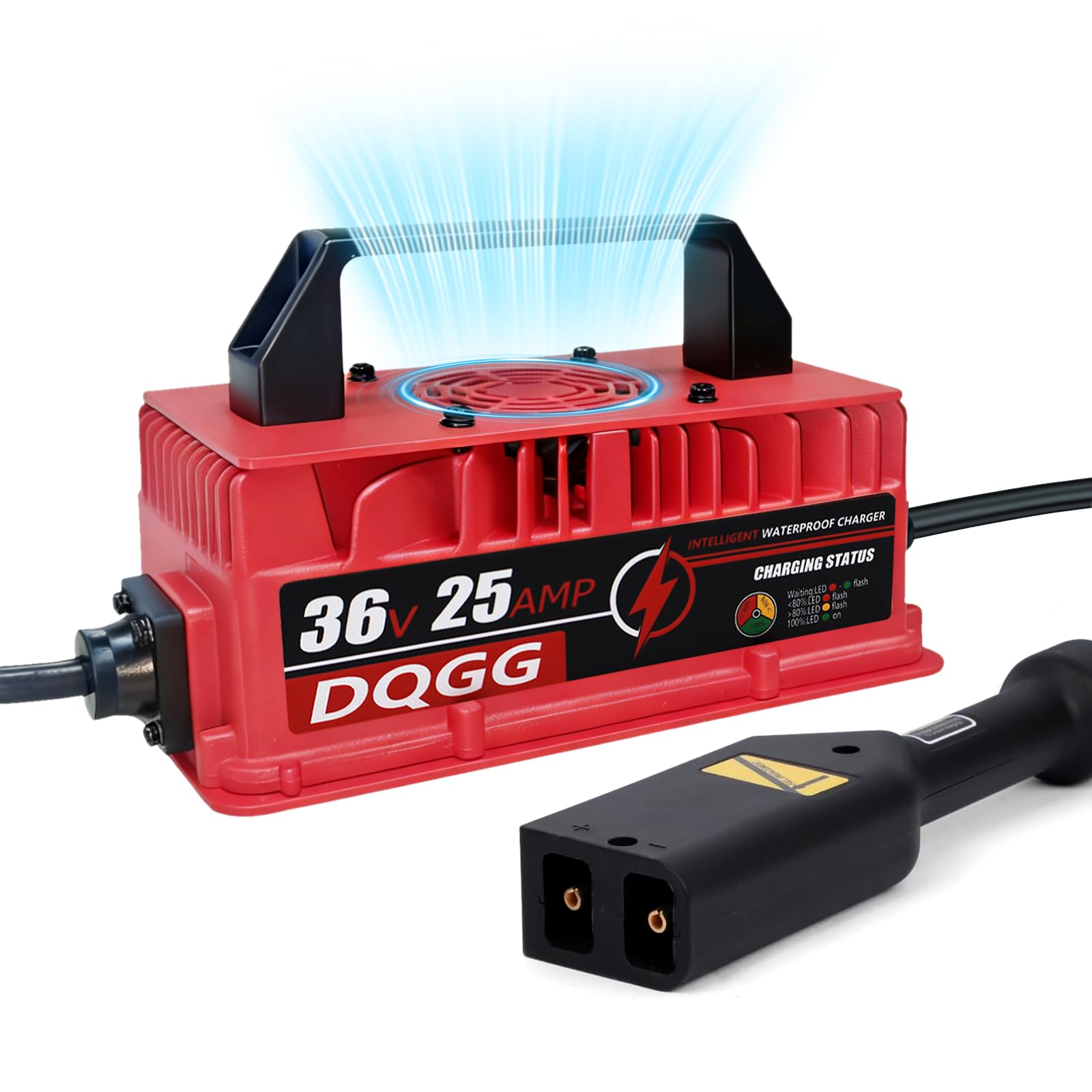 36 Volt 25 AMP Golf Cart Battery Charger with D Style Plug for EZGO TXT, Smart Golf Cart Charger for Lead Acid Batteries, Fast Charge Trickle Charge- IP67 Waterproof with Fan Design