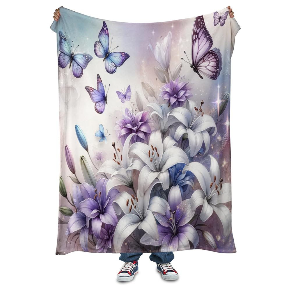 Reateforin White Lilies Throw Blankets Purple Butterflies Soft Blanket All Season Fuzzy Throw Lightweight Blanket Flannel Blanket Fleece Throws for Bed Sofa Couch Travel Home Living Room Decor 40"x50" โ image 1