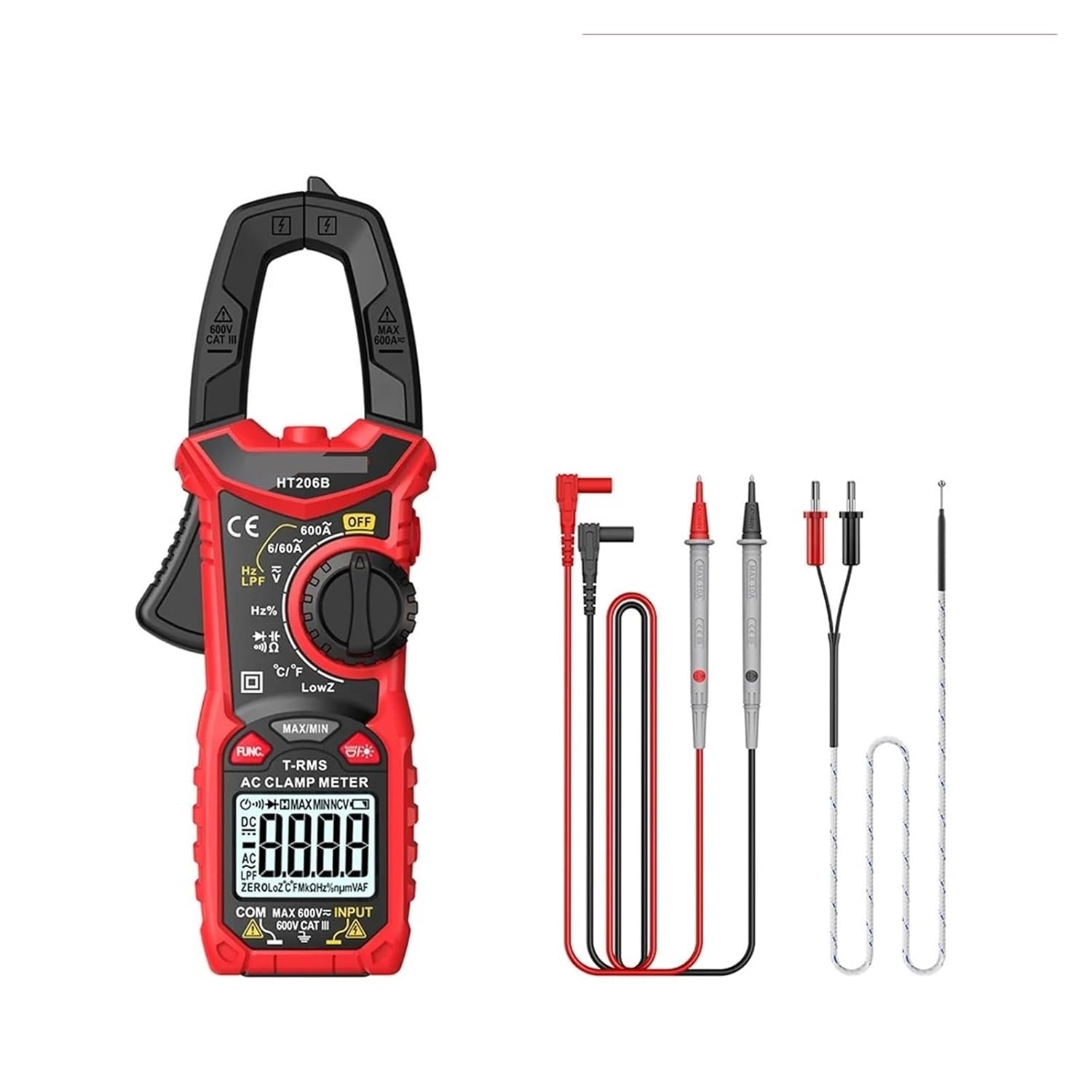 HT206 Digital Clamp Meter DC/AC Current 600A Multimeter Ammeter Voltage Tester Car Amp Hz Capacitance NCV Ohm Test(WYB206D)