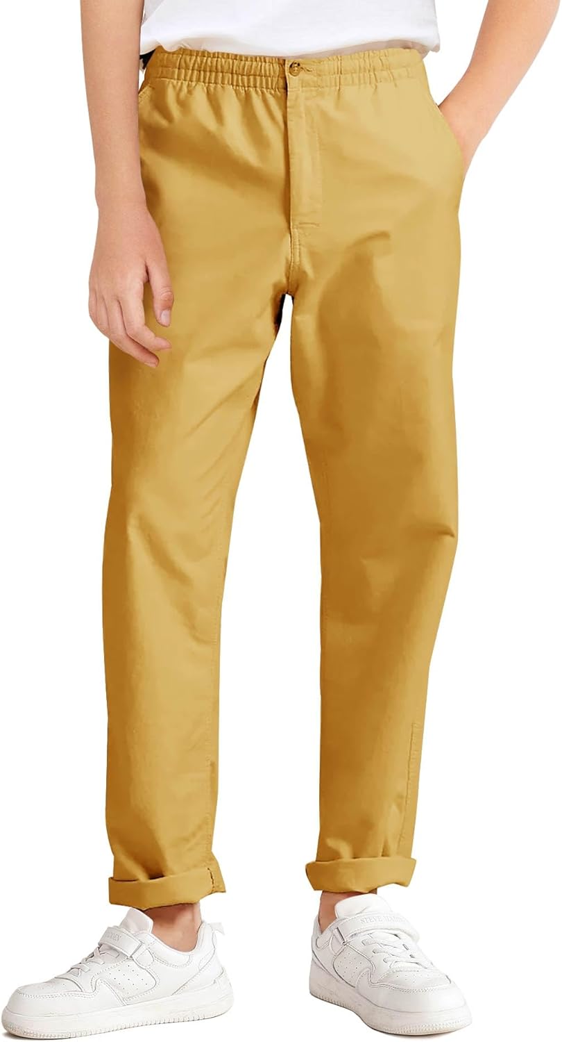 Haloumoning Boys School Uniform Chino Pants Kids Elastic Waist Pull on Twill Pants with Pockets 5-14 Years