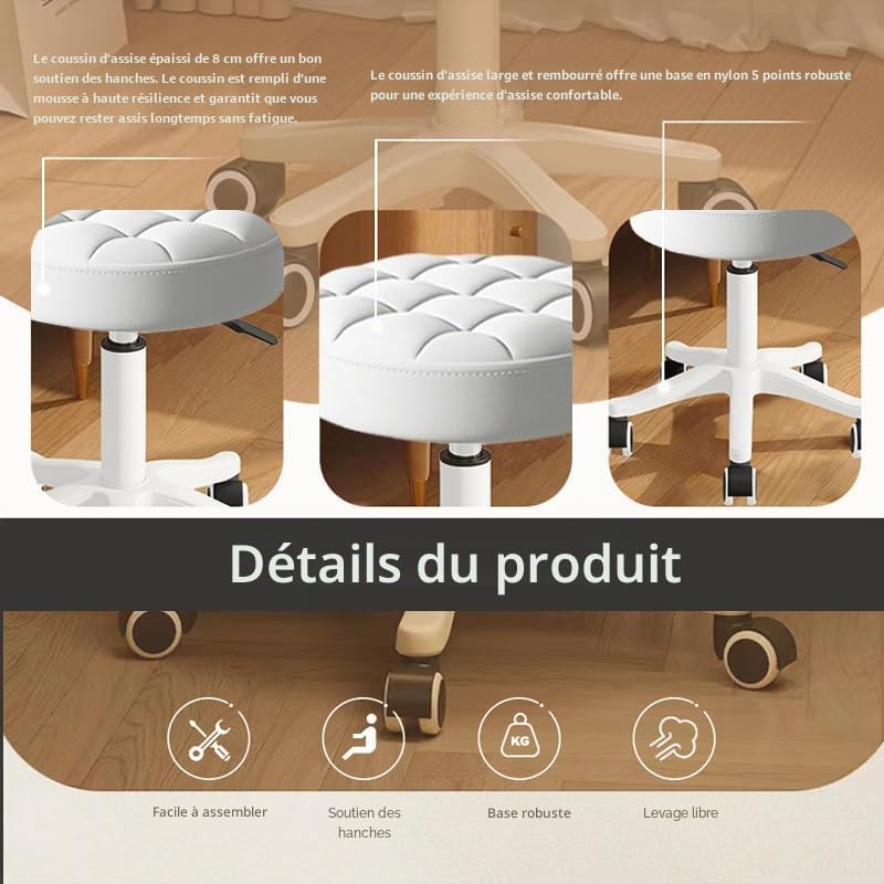 Tabouret Rond à Roulettes en Cuir Synthétique - Tabouret Pivotant Hauteur Réglable pour Table à Dessin, Spa, Salon