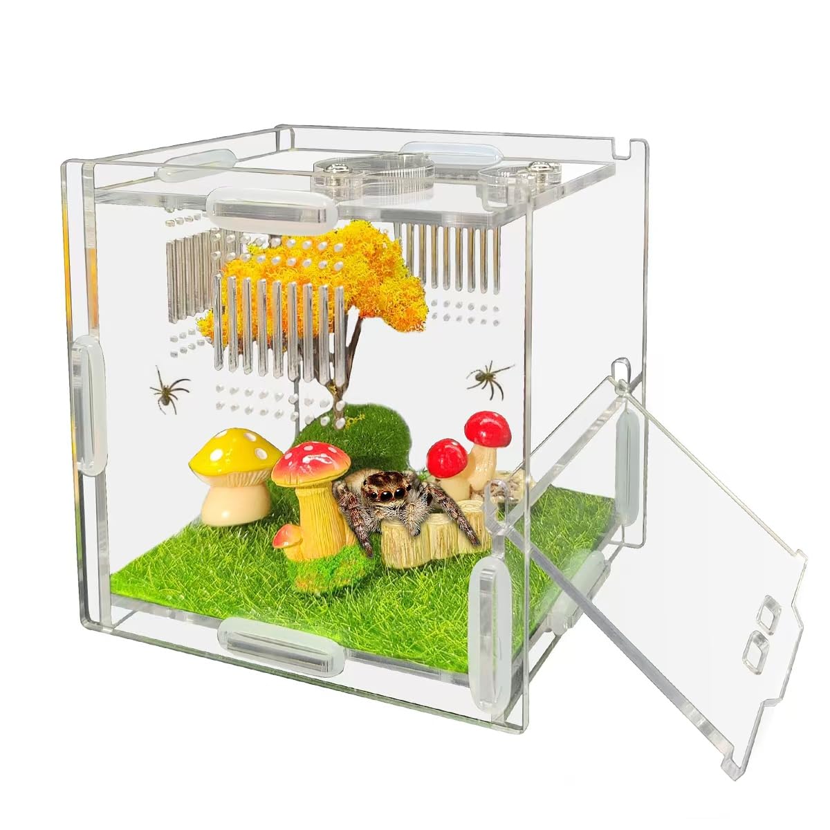 Jumping Spider Enclosure, 4" X 4" X 4" Acrylic Spider Habitat, Front Opening Small Reptile Terrarium with Matrix Ventilation Holes & Feeding Holes,