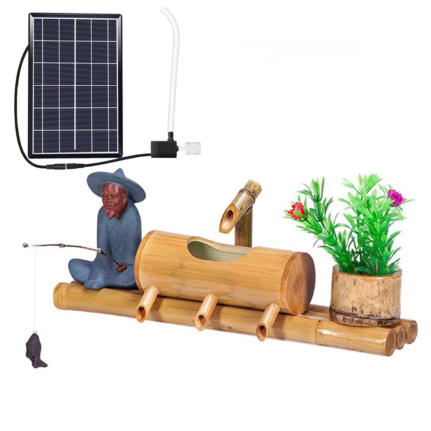 Bambusowa fontanna słoneczna, średniej wielkości bambusowa fontanna Zen (40 cm) z 4 ujściami wody, bambusowa fontanna solarna z pompką wodną, bambusowa fontanna ogrodowa, do umywalki