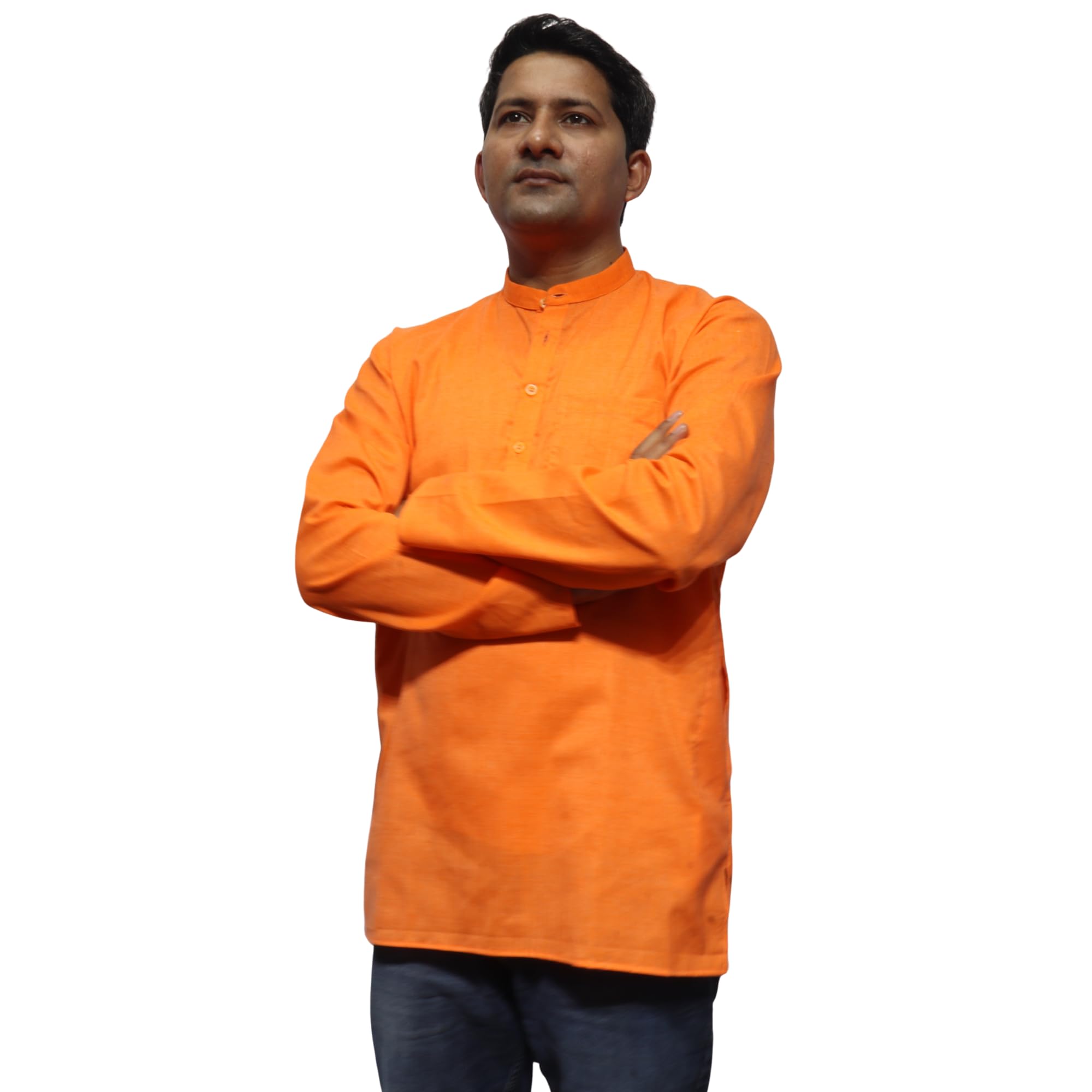 Men's Bright Orange Cotton Khadi Short Kurta (Size 40) | Full Sleeve Mandarin Collar | Breathable Handloom Fabric | Traditional Ethnic for Summer-picture-51