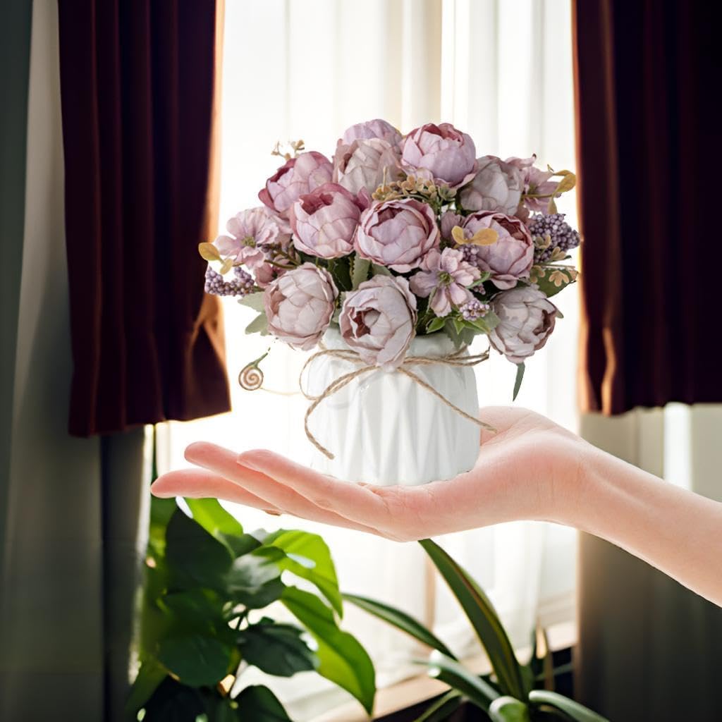 Hbluefat Faux Flowers with Vase,Artificial Silk Flowers in Ceramic Vase,Small Fake Flower Arrangement for Home Office Kitchen Bathroom Coffee Dining Table Centerpiece Decor (Purple,Peony)