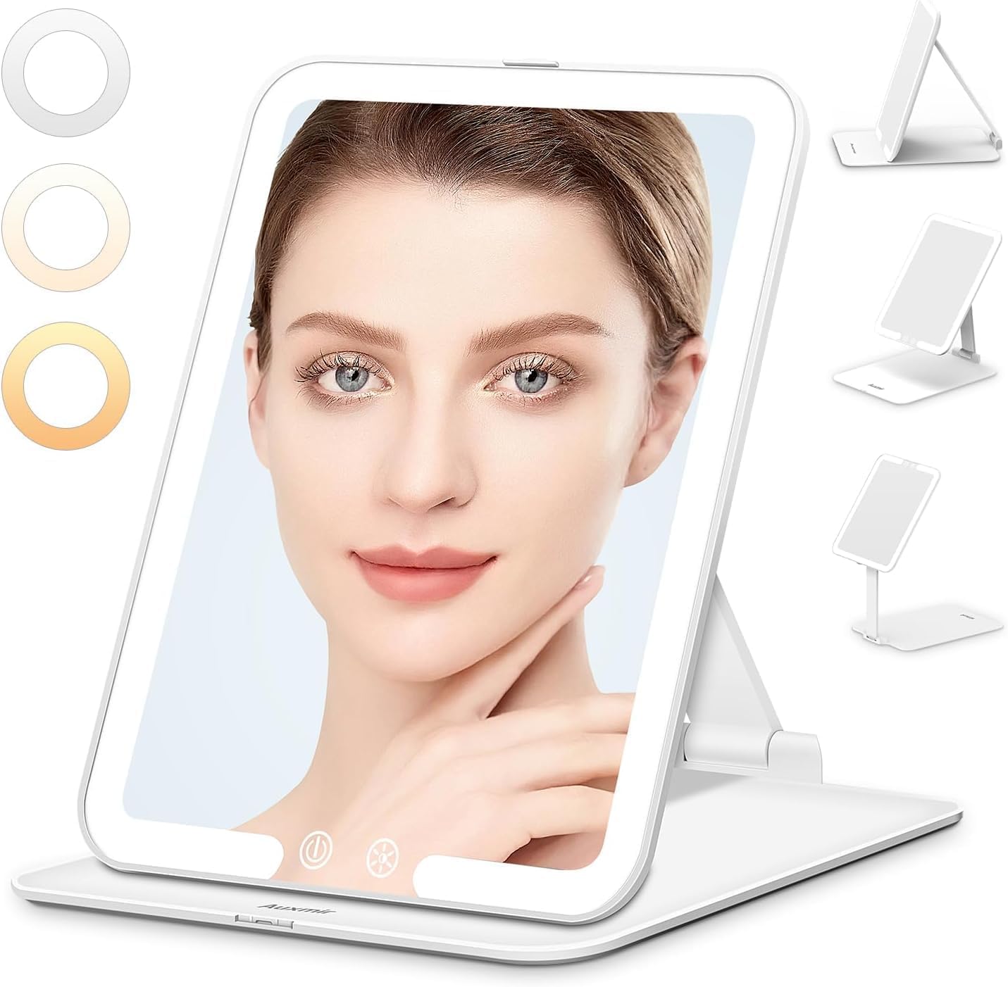 Auxmir Espejo Maquillaje con Luz Recargable, 3 Colores de Luz, Brillo Ajustable, con Sensor Inteligente y Control Táctil, Espejo Plegable, Función de Memoria, para Tocador Viaje