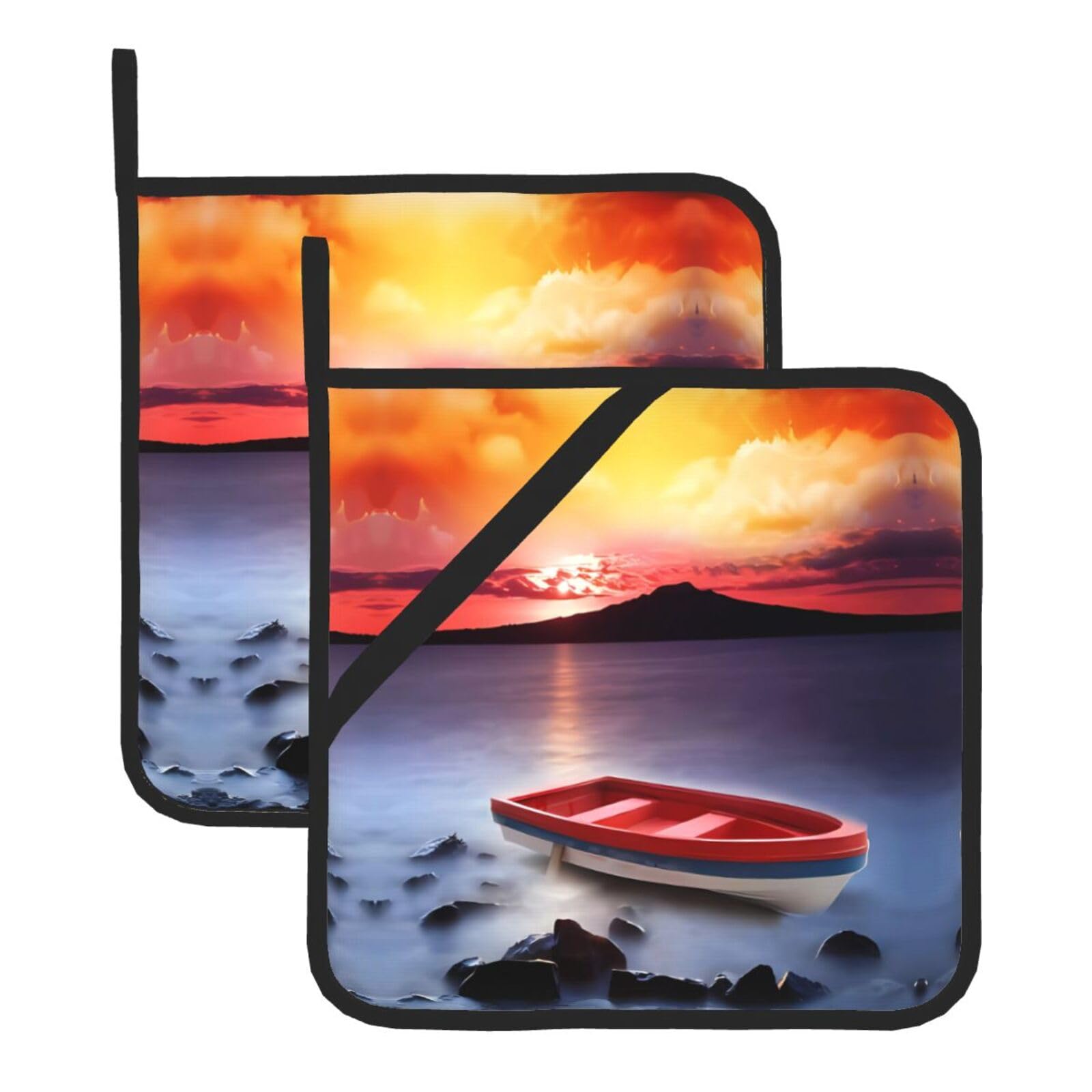 WHJDPP Red Fishing Boat Prints Square Hot Pads for Kitchen - Waterproof Pot Holders Set of 2, Durable Trivets with Pocket & Hanging Loop for Hot Dishes & Oven Use