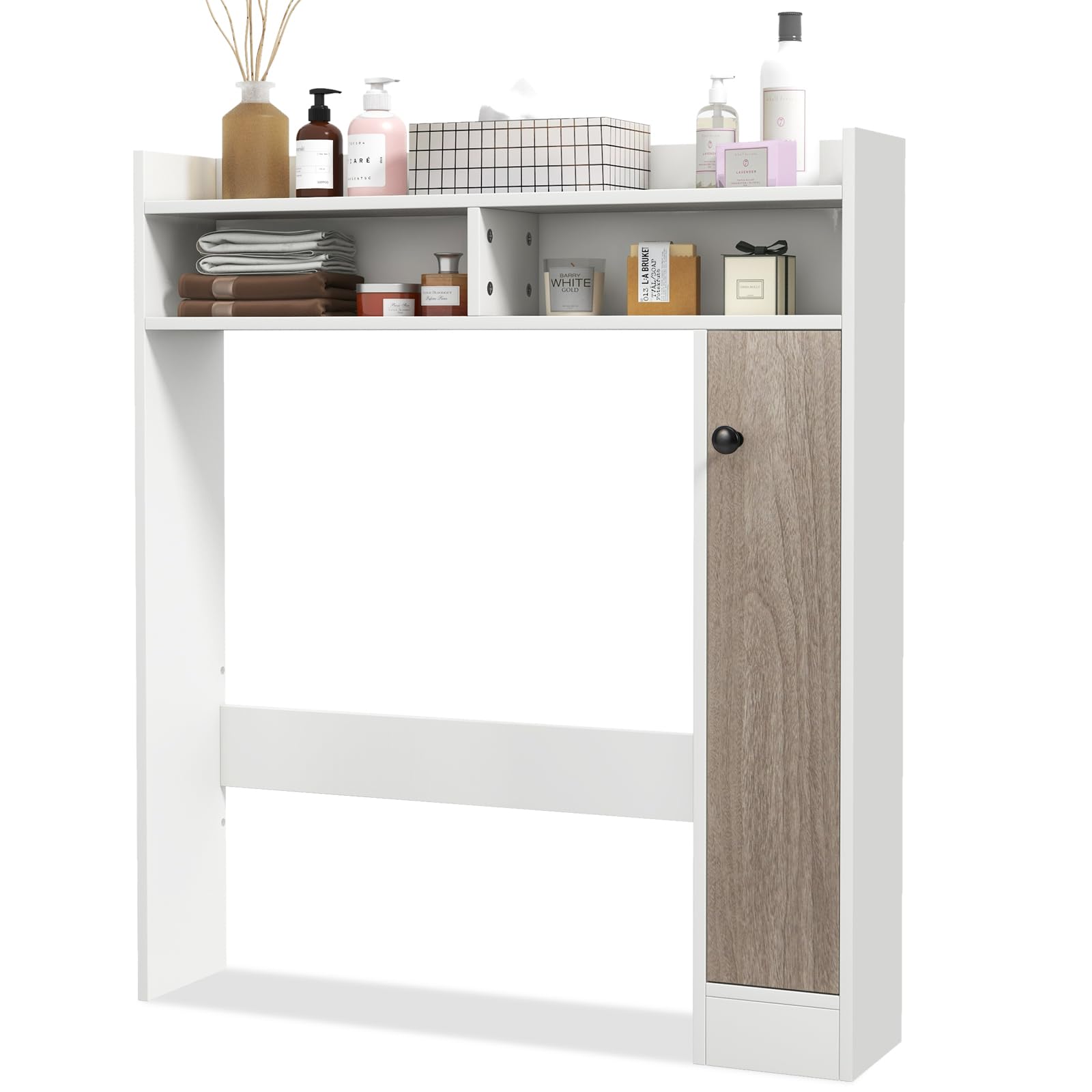 LIFEZEAL Armadietto WC a 5 scomparti, salvaspazio in legno, mensola da bagno con porta, scaffale per lavatrice, armadietto per WC