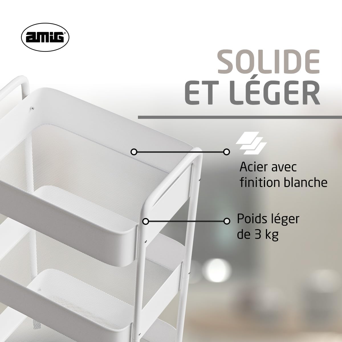 Amig – Desserte de Cuisine 3 Niveaux à roulettes Mod. Linn – Étagère auxiliaire en Acier – Blanc – Chariot Multi-usages pour Cuisine, Salle de Bain ou Bureau – 40,5 x 28 x 76 cm
