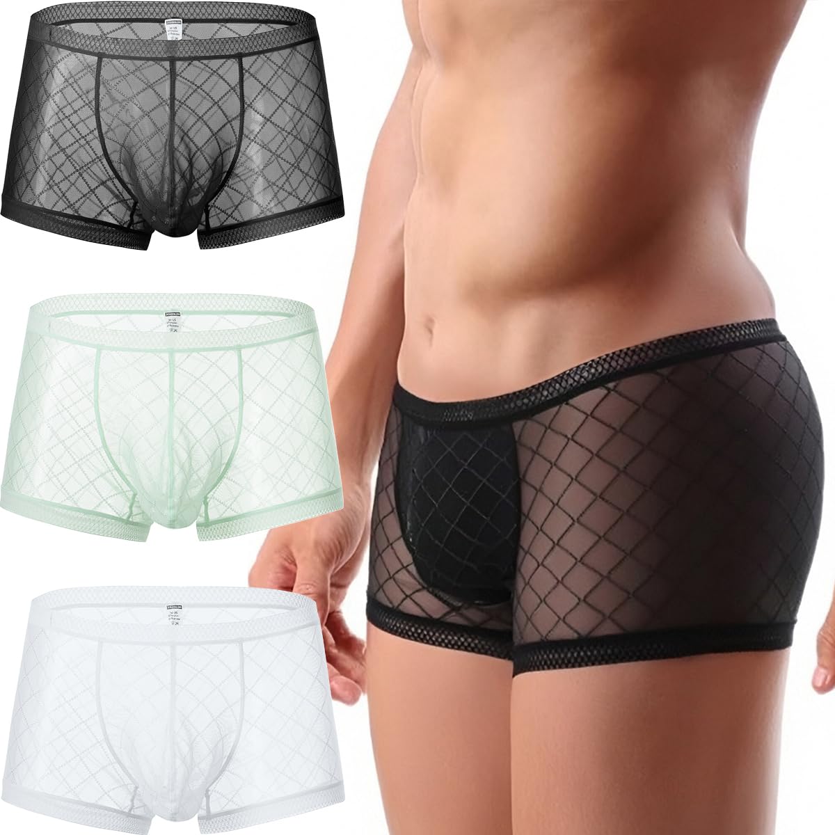 YINYOUYU Mens See Through Boxers Sexy Mesh Lace Trunk Underwear Seamless Thin Bulge Pouch Boxer Briefs