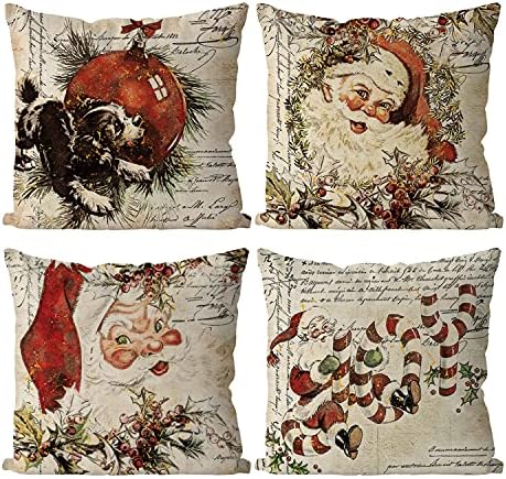 GAGEC Christmas Pillow Covers 18 x 18 Inch Set of 4 Farmhouse Throw Pillow Covers Santa Claus Balls Joy Rustic Pillowcase Home Decor Living Bed Room Party Cushion Case for Sofa Couch