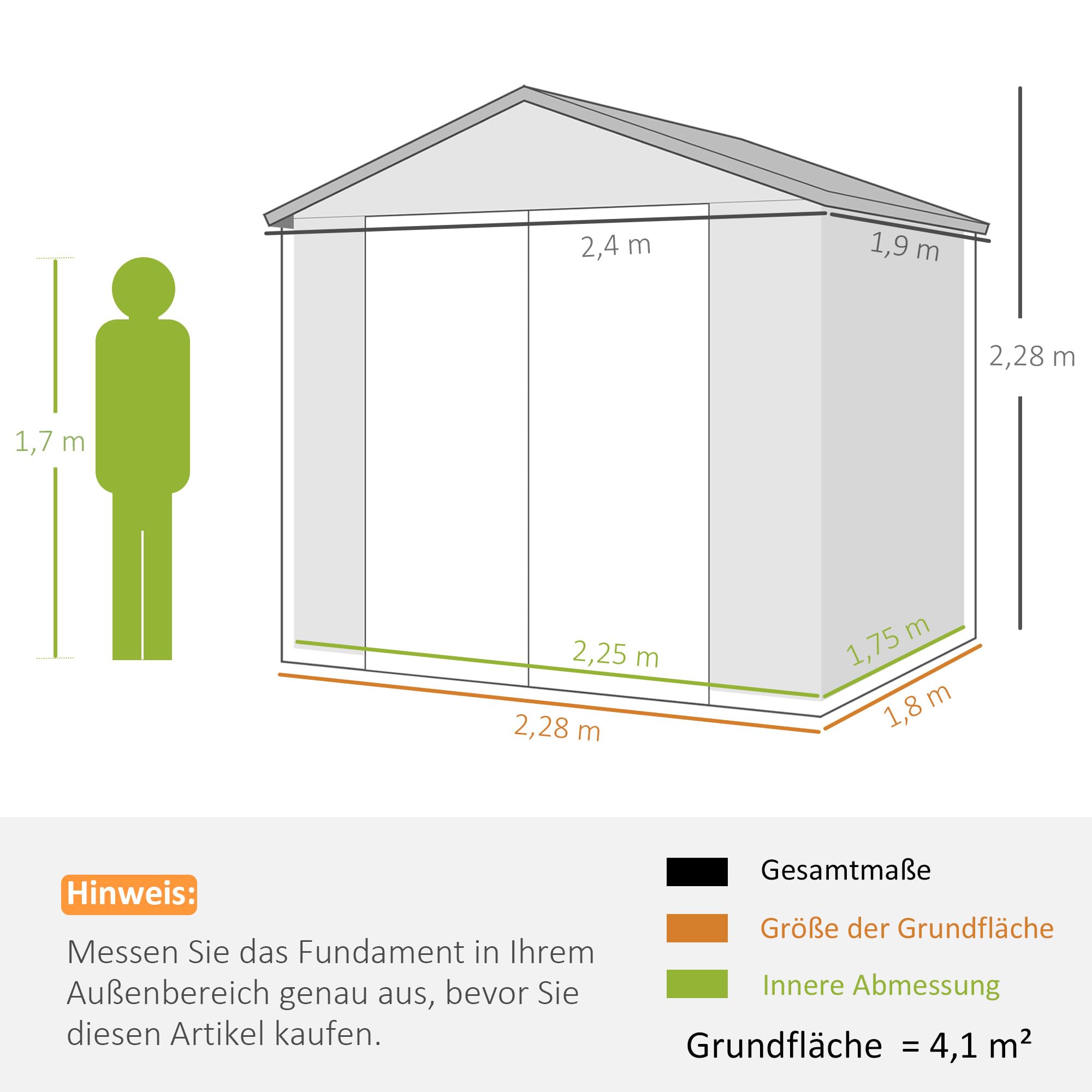 Outsunny Gerätehaus 4,1 m³, Gartenhaus mit Pultdach, 240 x 190 x 180/228 cm, Schütschuppen mit Abschließbar Tür, Fenster, Fahrradgark aus Aluminium, für Hinterhof, Garten, Grau