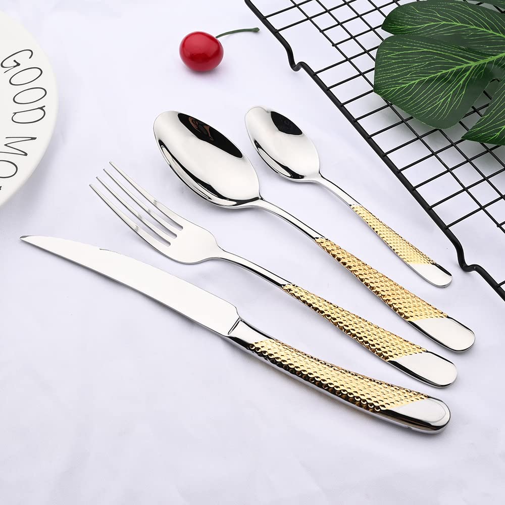 Ensemble de couverts en argenterie, ensemble vaisselle 24 pièces, acier inoxydable doré, dîner, couteau, fourchette, cuillère, lavable au lave-vaisselle