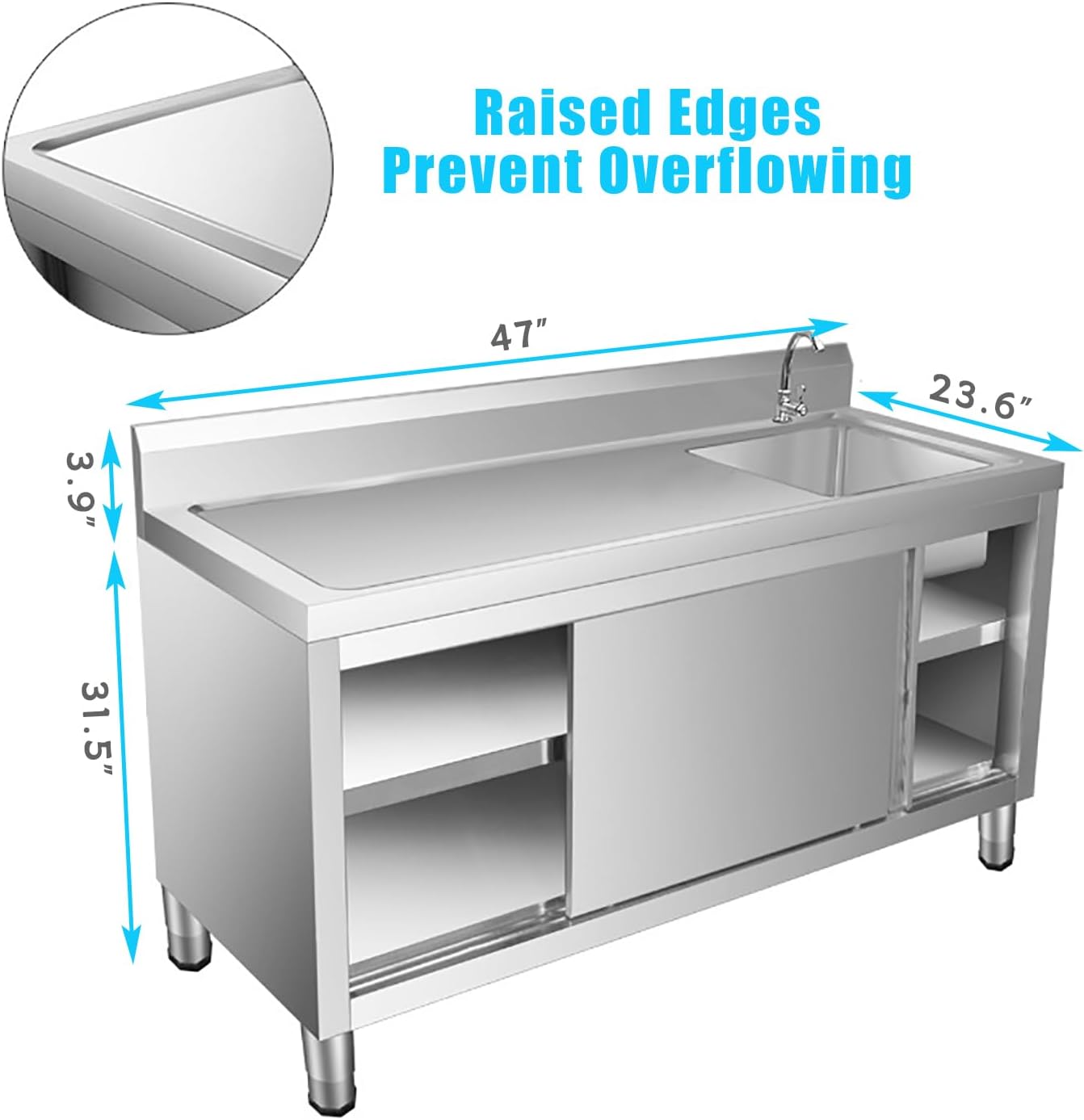 47-Inch Stainless Steel Sink with Cabinet, Freestanding Utility Sink Laundry Sink, Heavy-Duty Commercial Kitchen Sink for Kitchen, Restaurant, Garage, Laundry, Home and Hotel, Right Bowl