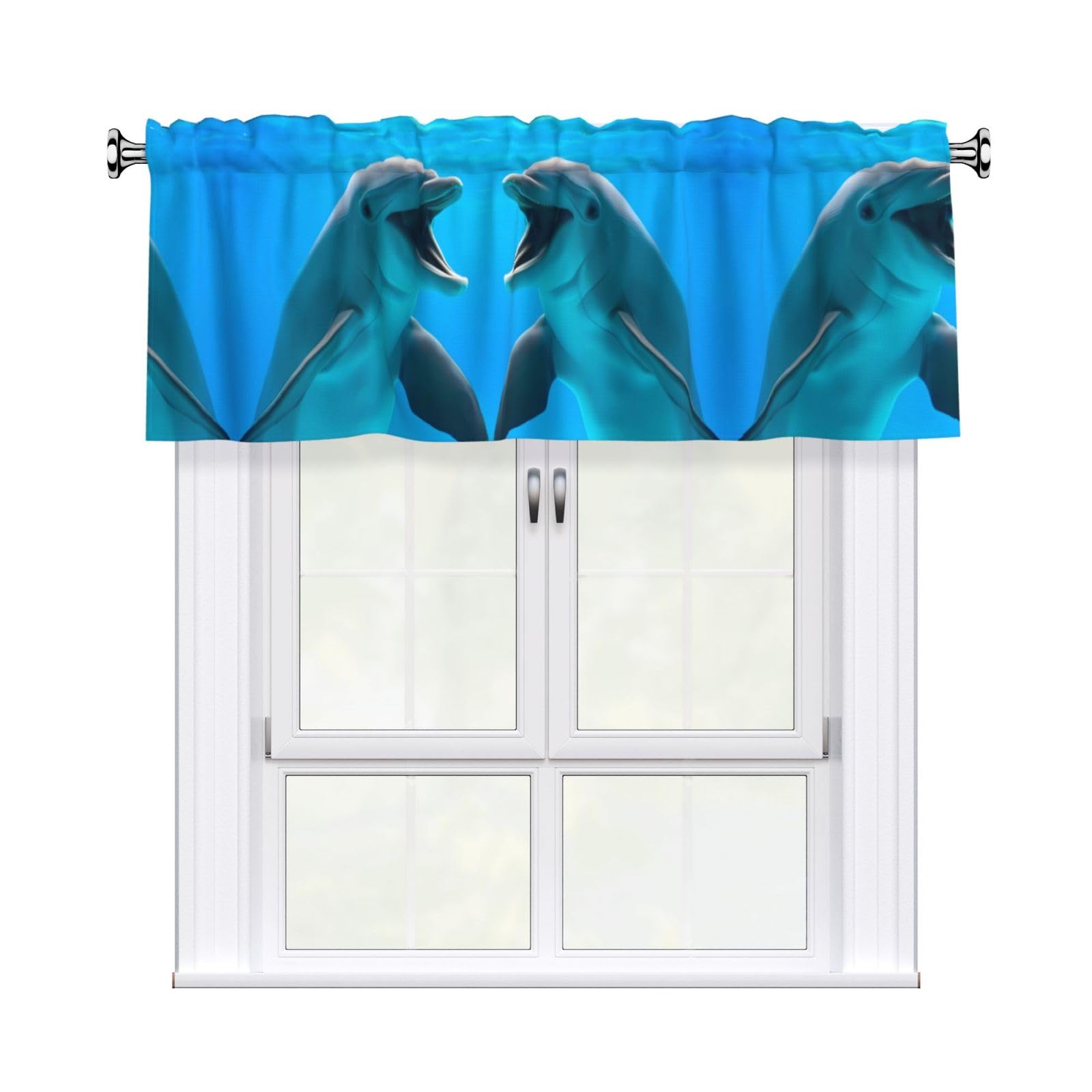 HJFCZH Cute dolphin Prints Curtain Valance 54x18in - Peach Skin Kitchen Window Layer, Filtered Light & Quick-Install Rod Pocket Cover