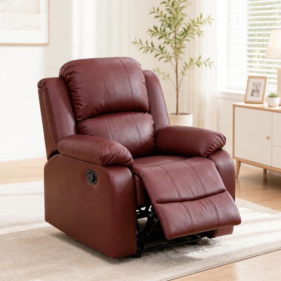 Image of Single Leather Manual Recliner Chair, Oversized Lazy Boy Recliner with Home Theater Seating, Breathable Living Room Reclining Chair for Adults Reading, Gaming, Relax, Red