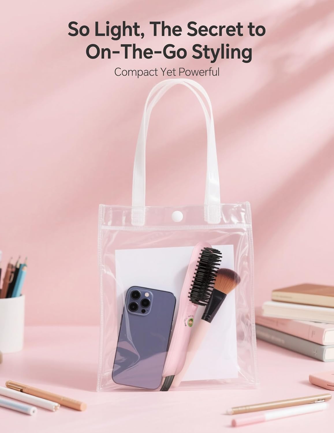 LANDOT Mini Hair Straightening Brush - Compact Ionic Straightening Brush for Frizz-Free Smooth Hair, Lightweight Hot Comb & Travel-Friendly Flat Iron, Blush