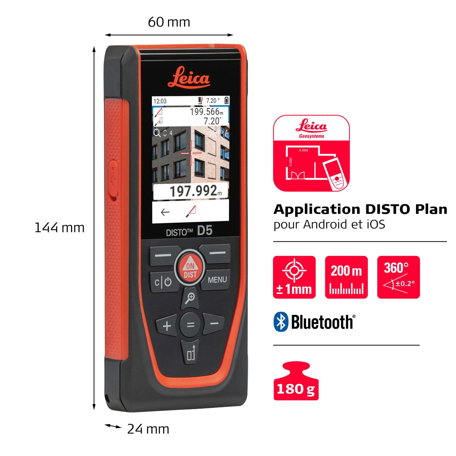 Leica DISTO D5 – télémètre Laser Professionnel avec Bluetooth (appli), viseur numérique (pour intérieur et extérieur) et capteur d'inclinaison pour Mesure de Profil et d'angle