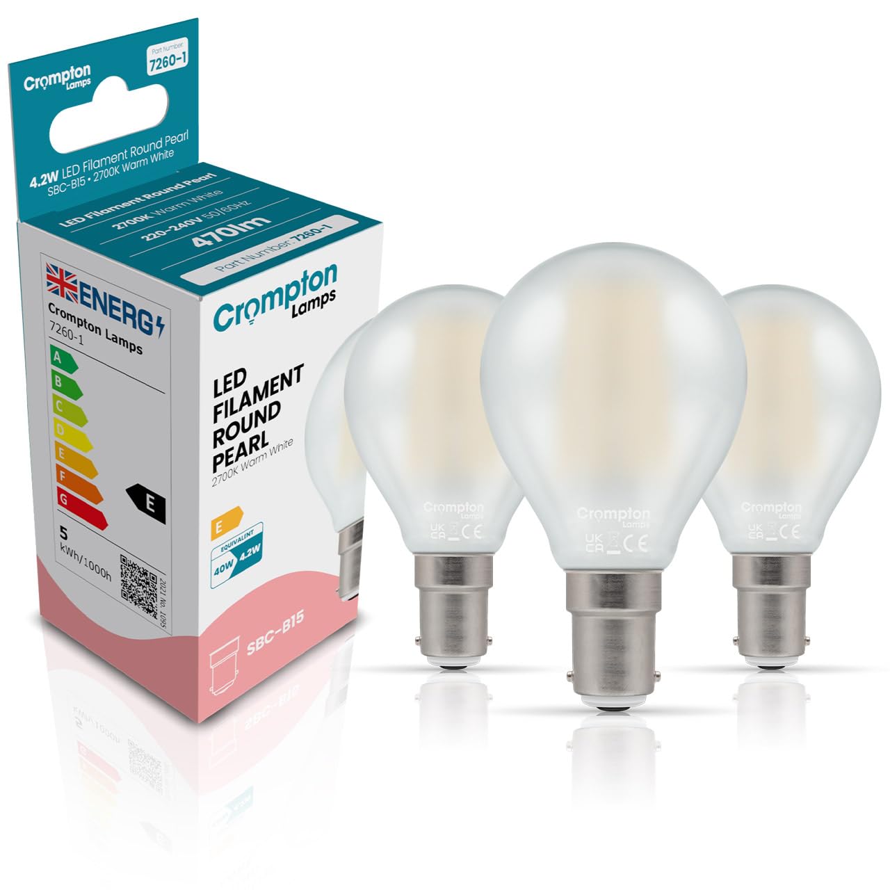 Crompton Lamps Filament Golfball LED Light Bulb SBC-B15d | 4.2W = 40W Equivalent | Warm White 2700K | Energy Efficient | Small Bayonet Lightbulb | Pearl Glass | Dimmable | 3-Pack