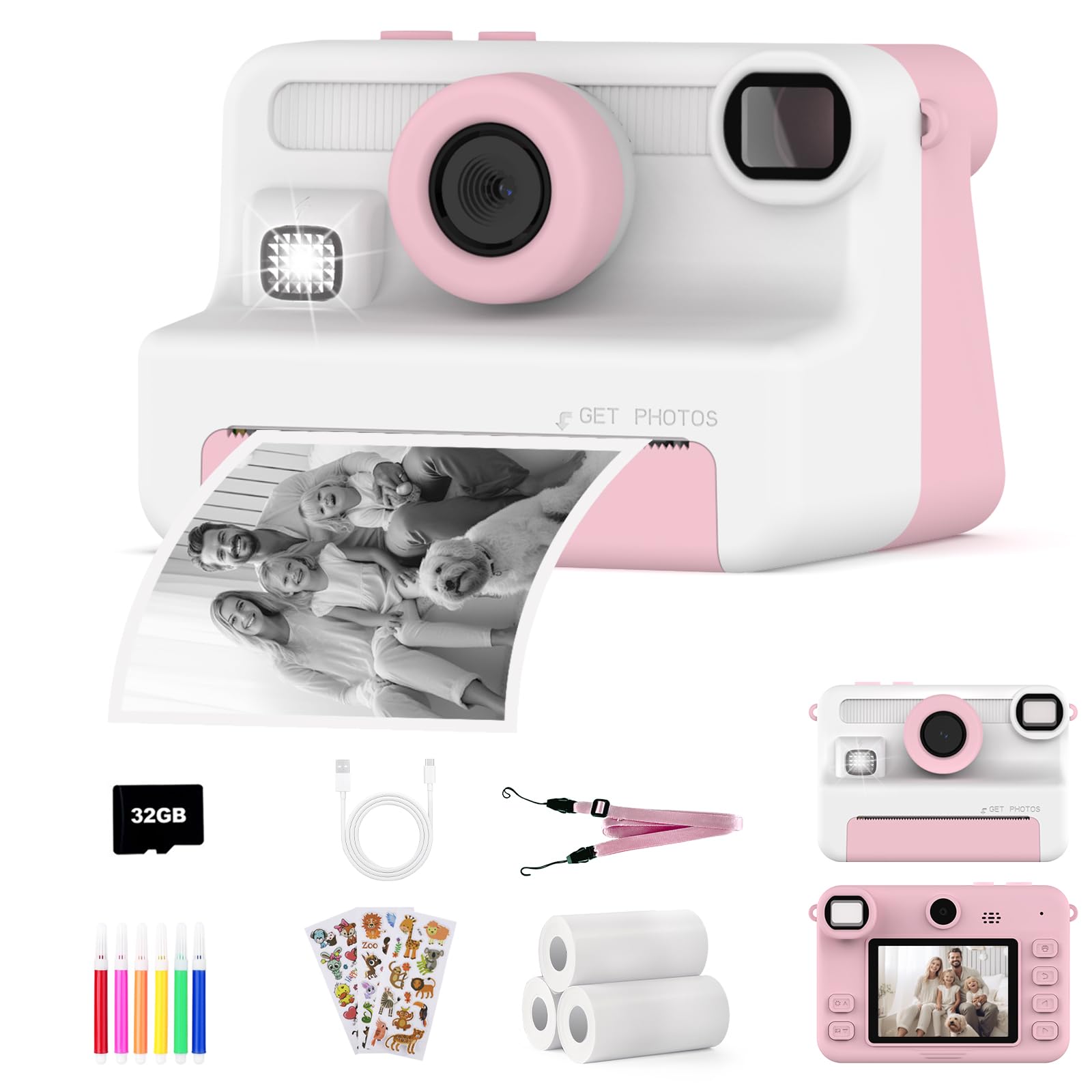 Macchina fotografica bambini istantanea,Regalo di Natale e Compleanno per giochi Bambina 4 5 6 7 8 9 10 11 12 Anni, Fotocamera Digitale Selfie 1080P con 3 Rotoli di Carta Termica e Scheda da 32GB