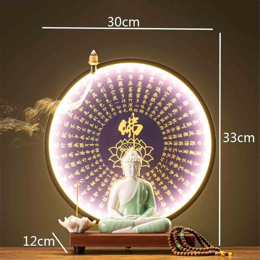 Decorazione della statua del Buddha Statua di Buddha in ceramica verde con anello luminoso viola, decorazione Feng Shui for l'ingresso del soggiorno