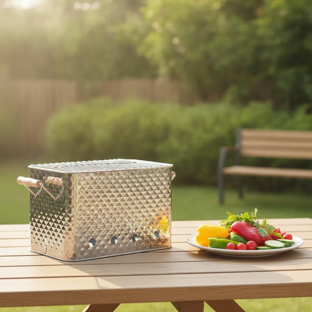 e Charbon Portable, Acier Inoxydable & Bois, pour Camping & Pique-nique, Extérieur