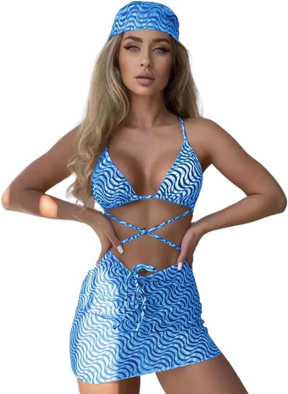 3PCS Stripes Print Bikinis with Skirt Beach Equipment Womens Triangle Swimwear Low Waist Bathers Female Swimsuit