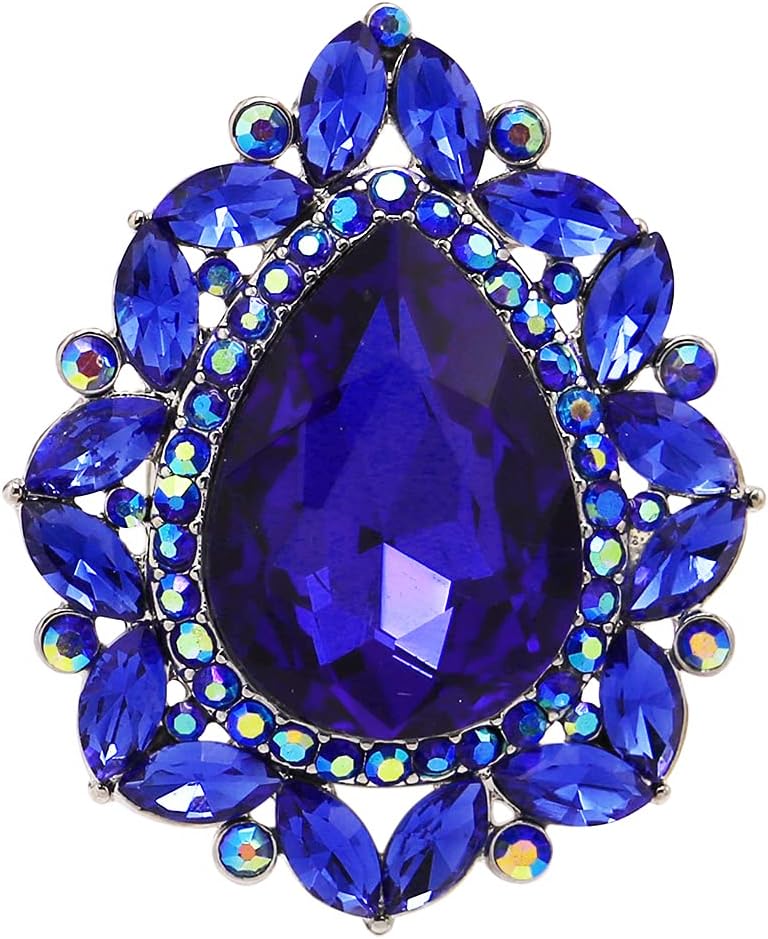 Rosemarie & Jubalee Women's Stunning Large Statement Teardrop Glass Crystal Rhinestone Stretch Band Cocktail Ring, 2"