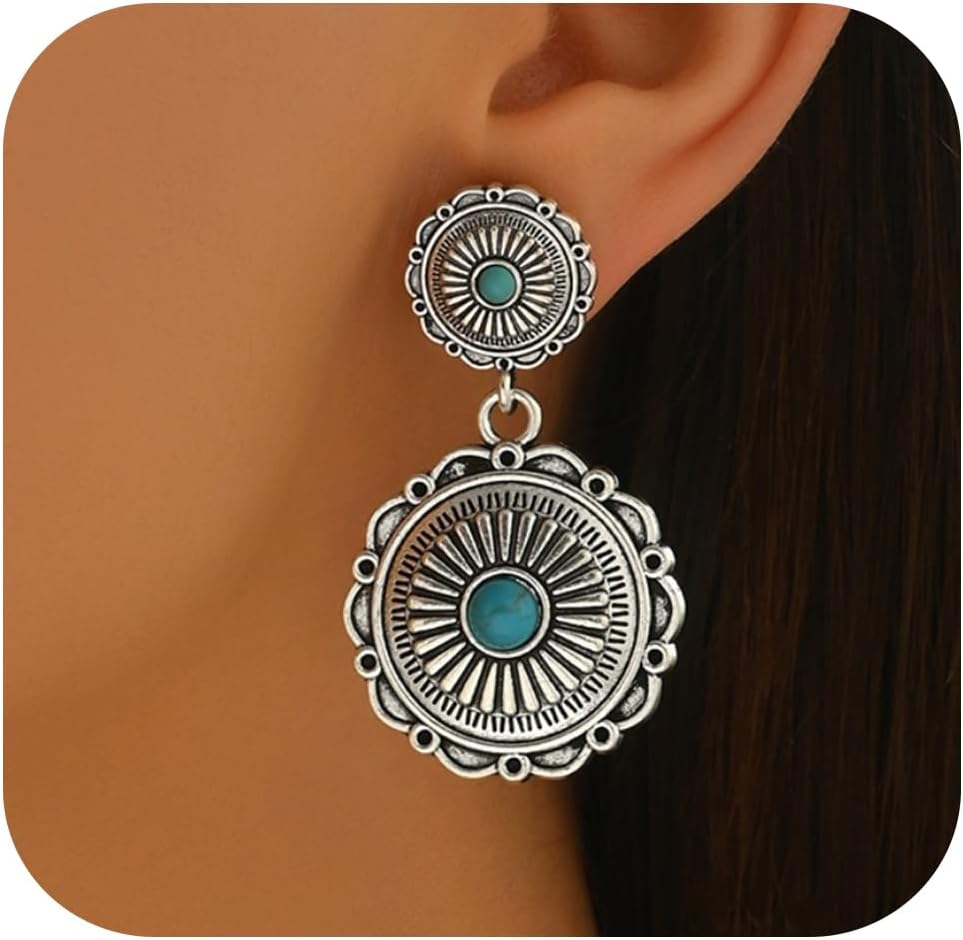 Vintage Western Earrings for Women,Bohemian Turquoise Oval Dangle Drop Earrings Country Concert Outfit Accessories Jewelry