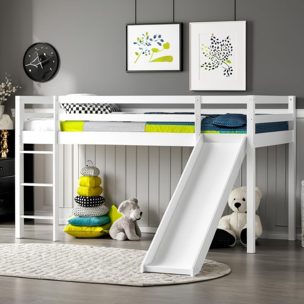 Twin Loft Bed with Slide for Boys and Girls,Toddler Loft beds with Safety Rails & Ladder,Save Space Design for Kids, Teens, Girls, Boys, No Box Spring Needed, White