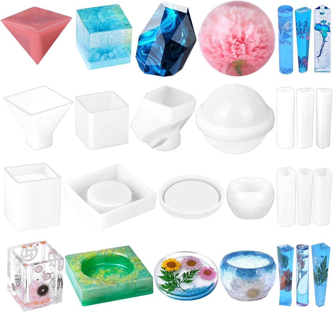 Resin Molds Silicone Kit, Dyroubo 15pcs Epoxy Resin Casting Molds for DIY Ashtray Pyramid Coasters Plant Pot Crystal Ball Pen Holder Stone & Pendant Silicone Resin Molds, Bonus 12 Decorative Sequins