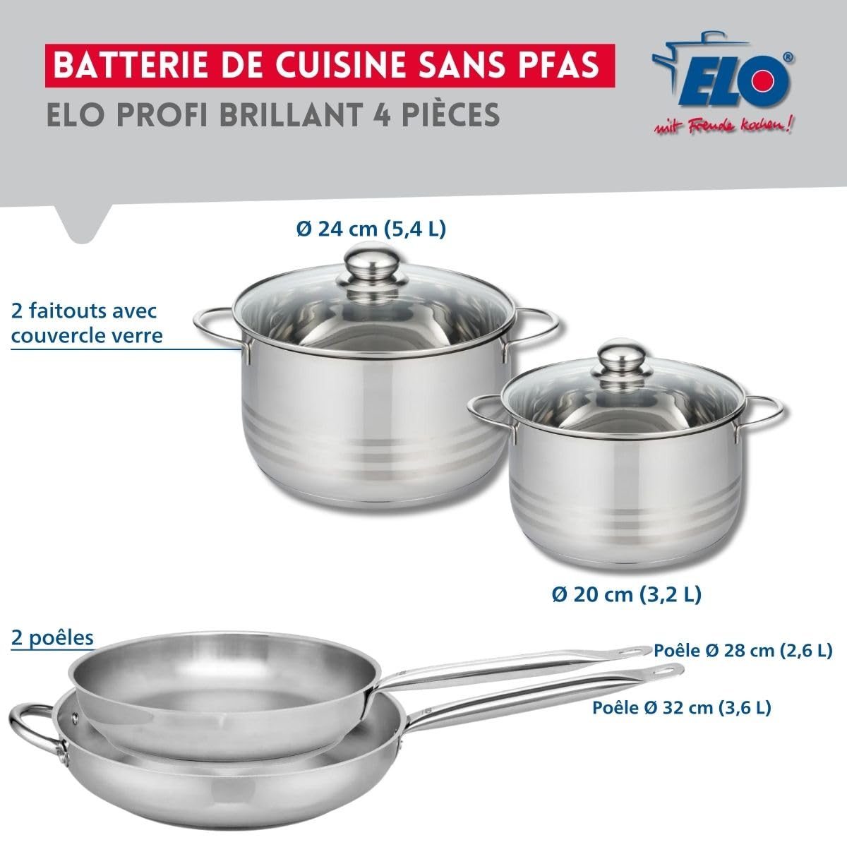 Elo Batterie cuisine 2 poêles 28/32 cm et 2 faitouts 20/24 cm