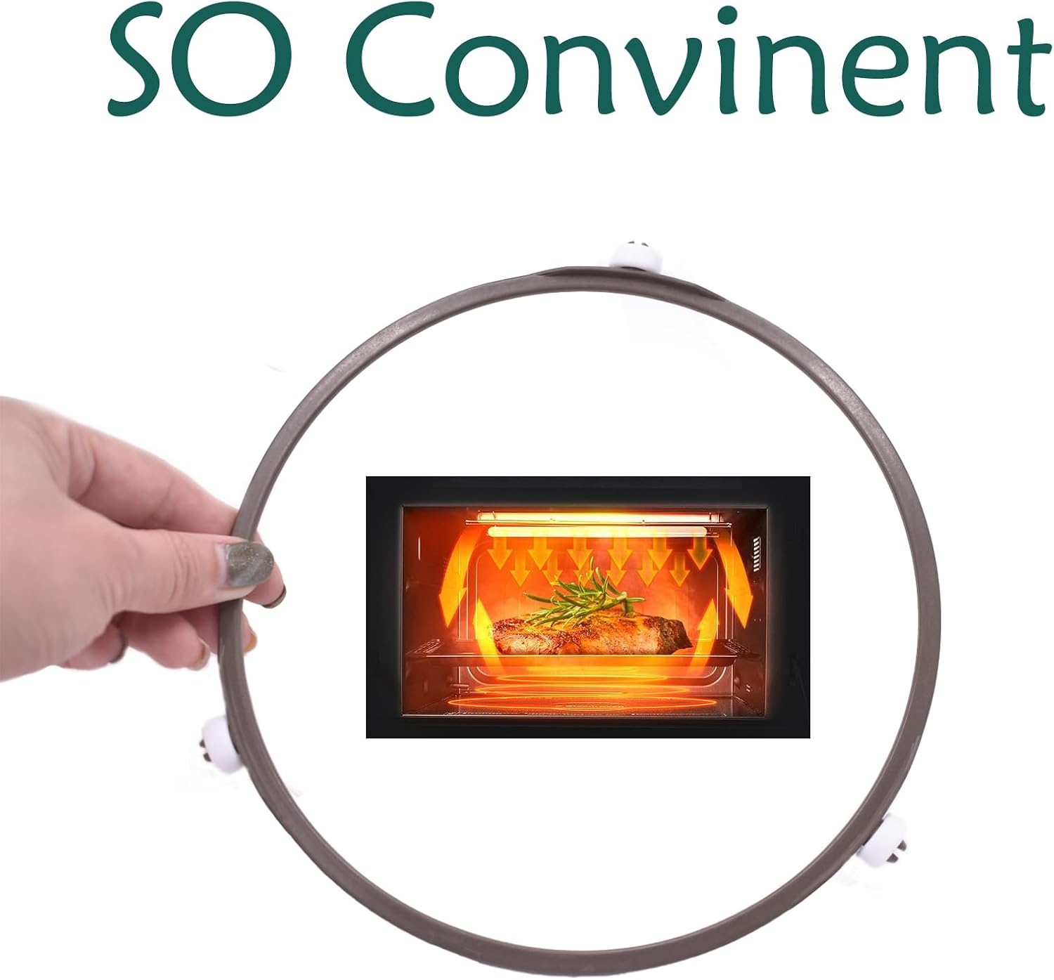 Image showing a hand holding the turntable ring with a microwave oven containing food in the background, illustrating convenience.