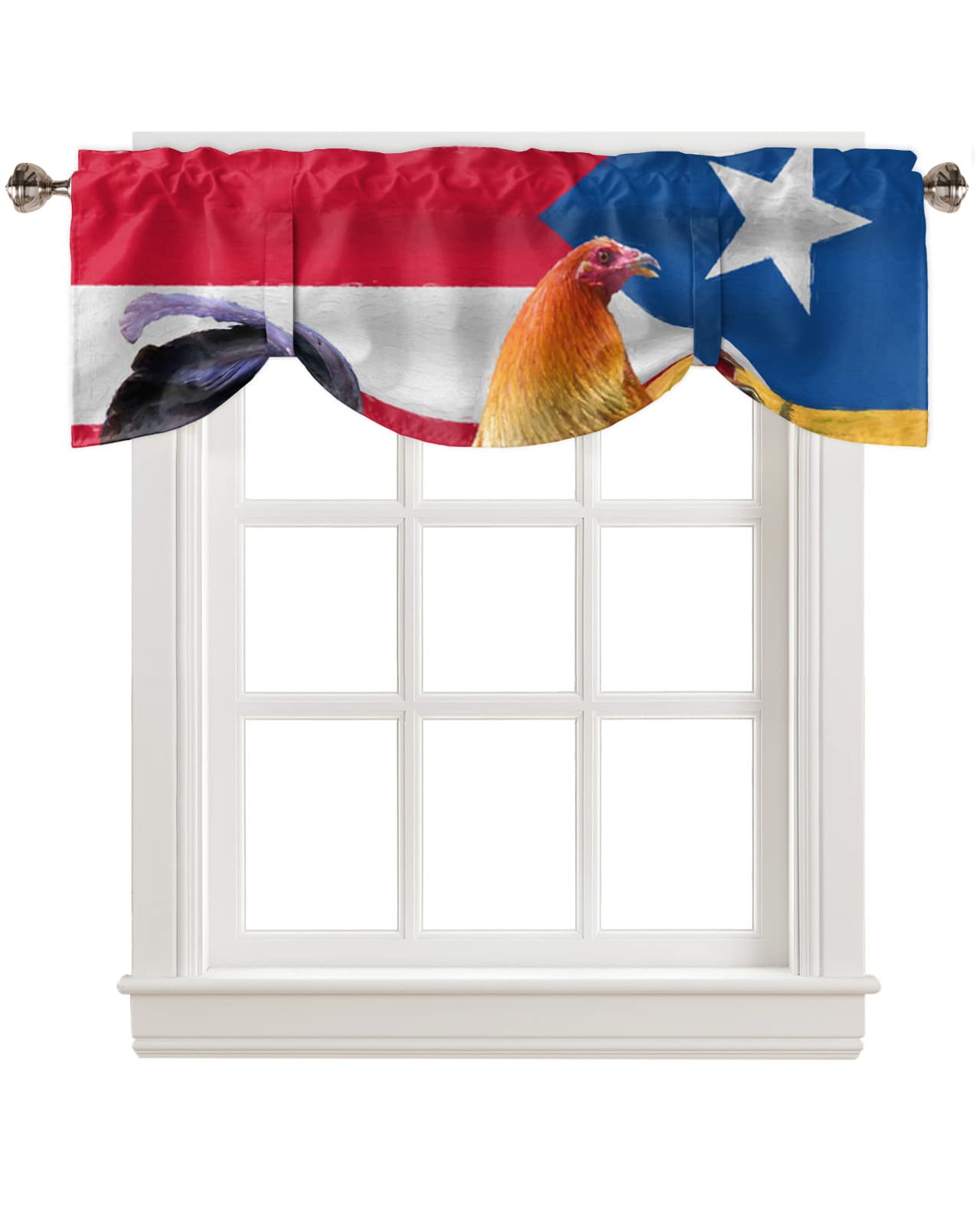 Tie-Up Valance Curtains for Window - Puerto Rico Flag and Farm Rooster Red Barn Cabin Kitchen Valance - Light Filtering Valance Curtains Short Curtains with Adjustable Tie 42"x12"