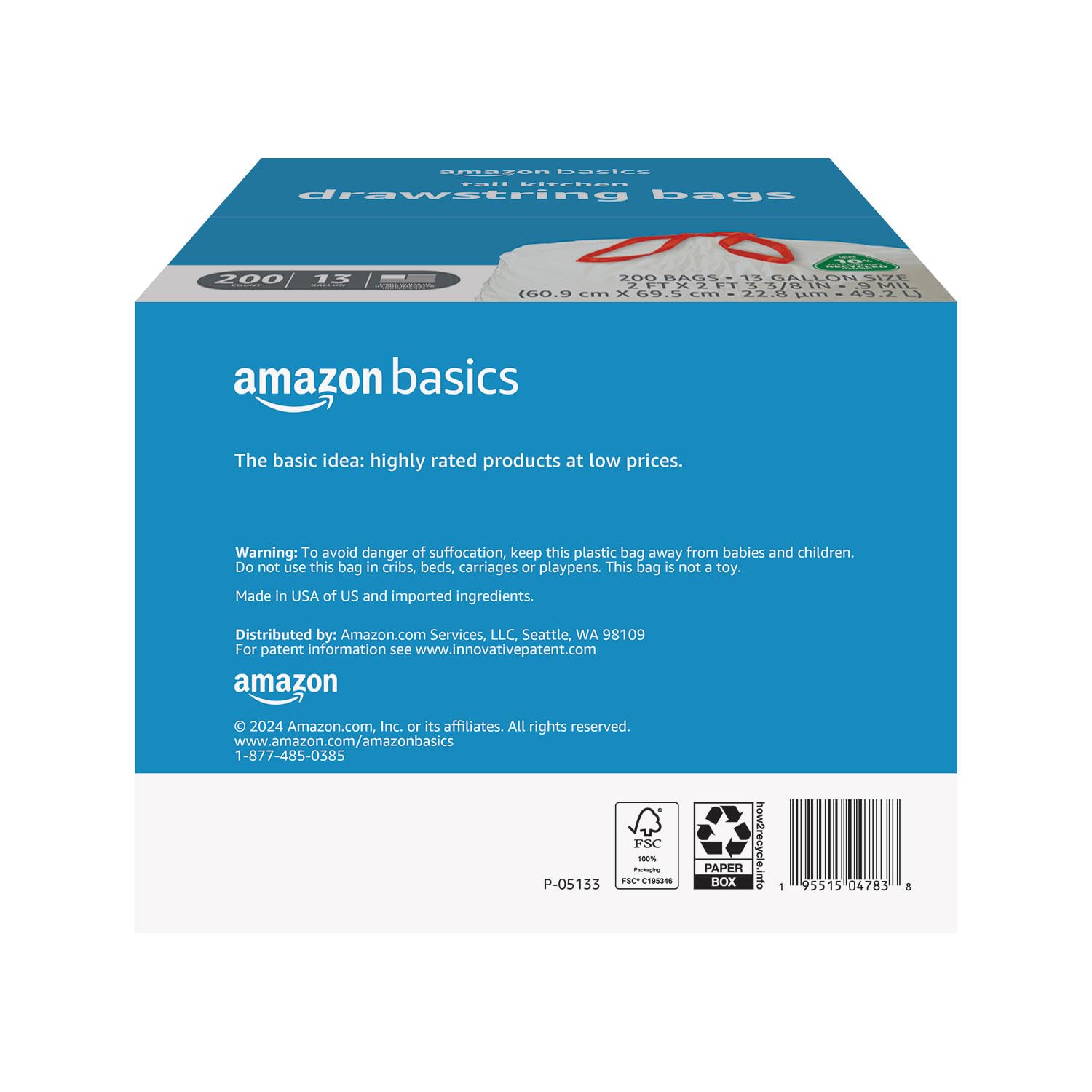 Amazon Basics 13 Gallon Tall Kitchen Drawstring Trash Bags, Unscented, 10% Post Consumer Recycled, 200 Count