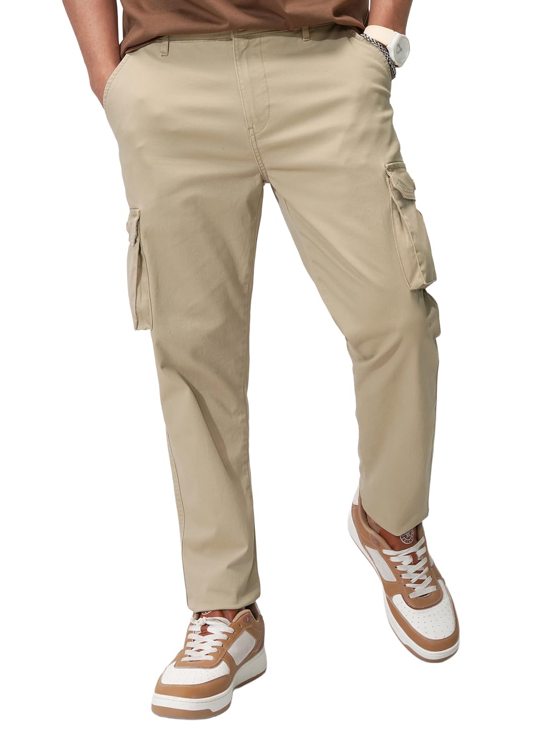 Roadster Menâ€™s High-Rise Straight-Fit Cargo Trousers | Utility Pockets | Fashion & Function Blend | Carpenter Fit | Men Trousers | Trousers for Man |Cargo Pants for Men in neutral