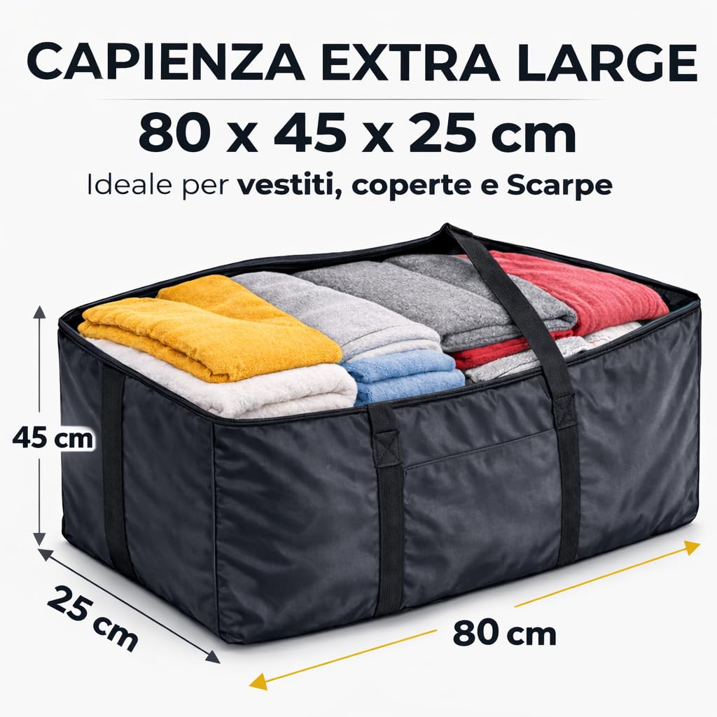 Borse per Trasloco con Manici Rinforzati, Zip e Cinghie per Zaino, Contenitori Organizer per Imballaggio, Sacchi per Stoccaggio Impermeabili, Materiale 420D Oxford, set, Nero, 80x45x25 cm (Quattro)