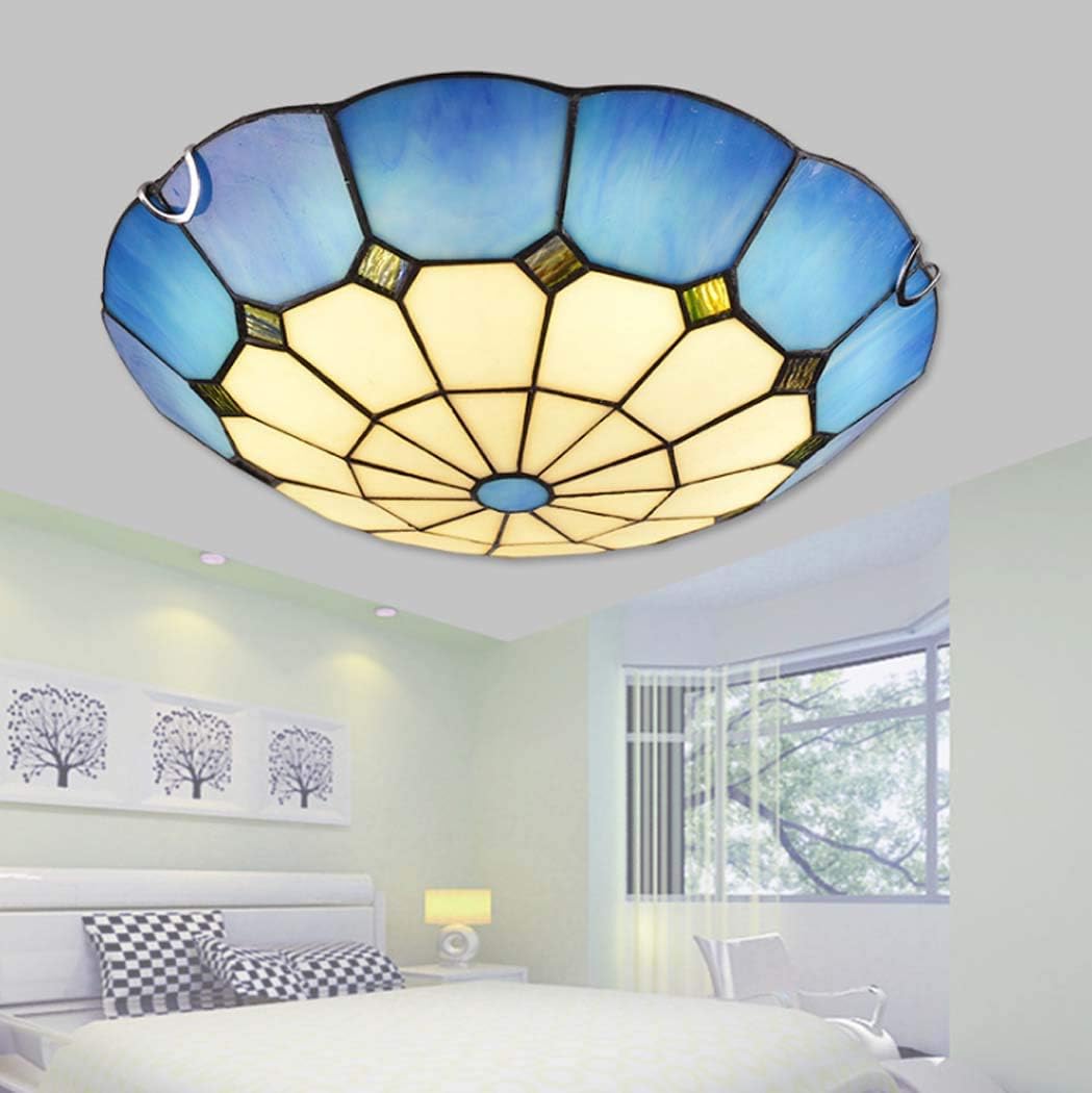 Simple Tiffany Style LED Ceiling Light in Hand-Made Blue Stained Glass Flush Mount LED Ceiling Lamps for Bedroom Lighting Fixture,LED Chip,12W/18W/24W,Whitelight,30cm