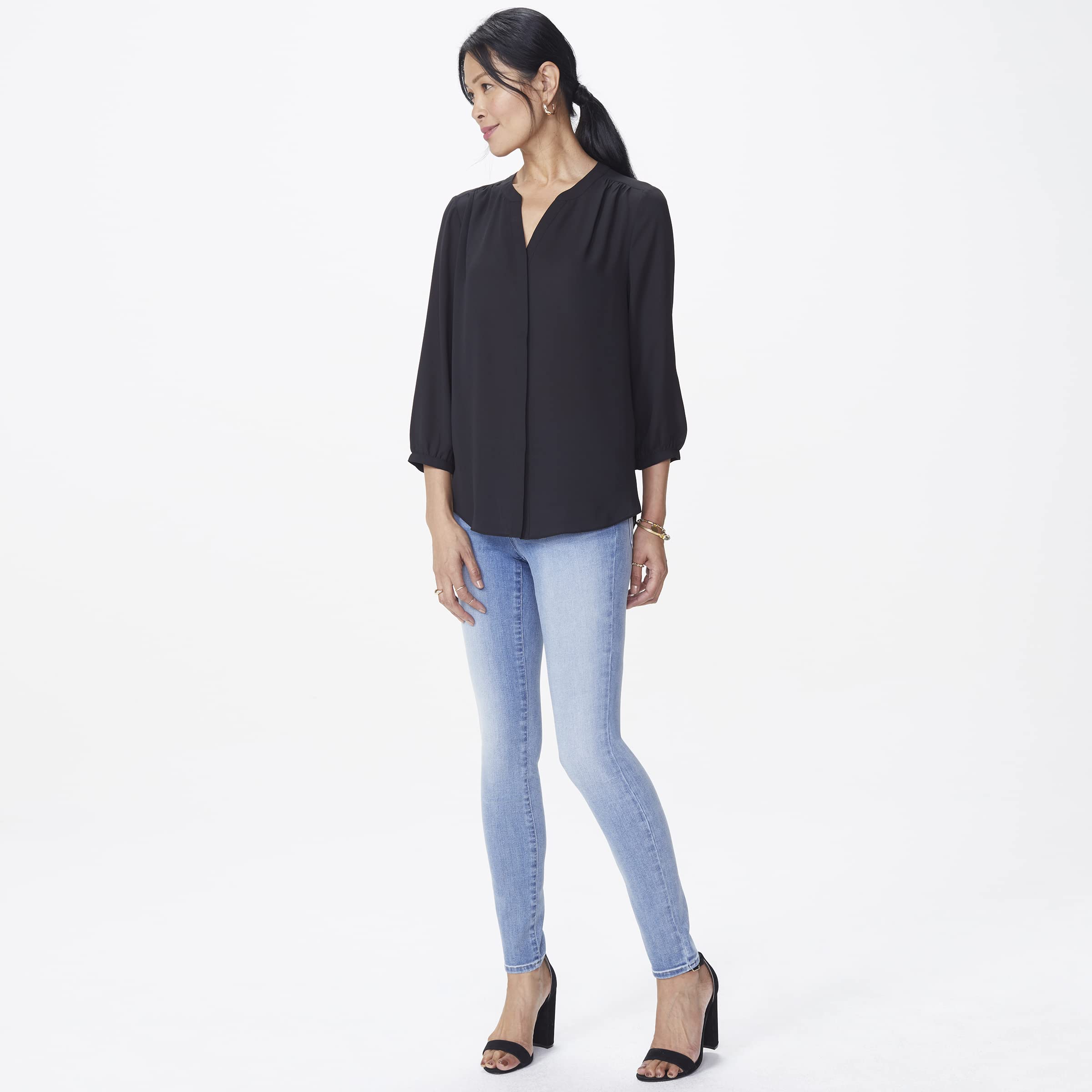 NYDJ Petite Damenbluse mit 3/4-Ärmeln, Biesenbluse, Größe