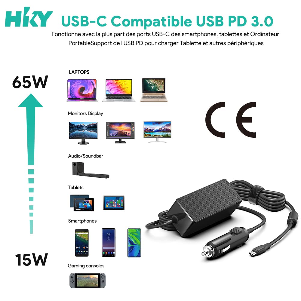 HKY Kfz-Ladegerät für Laptop USB-C Typ C 65 W 45 W für Chromebook Acer 11 13 R13 14 15 CB311 CB314 CB315 CB315-1H C771 C733 N16Q10 N17Q9 N17Q5 und andere Laptops