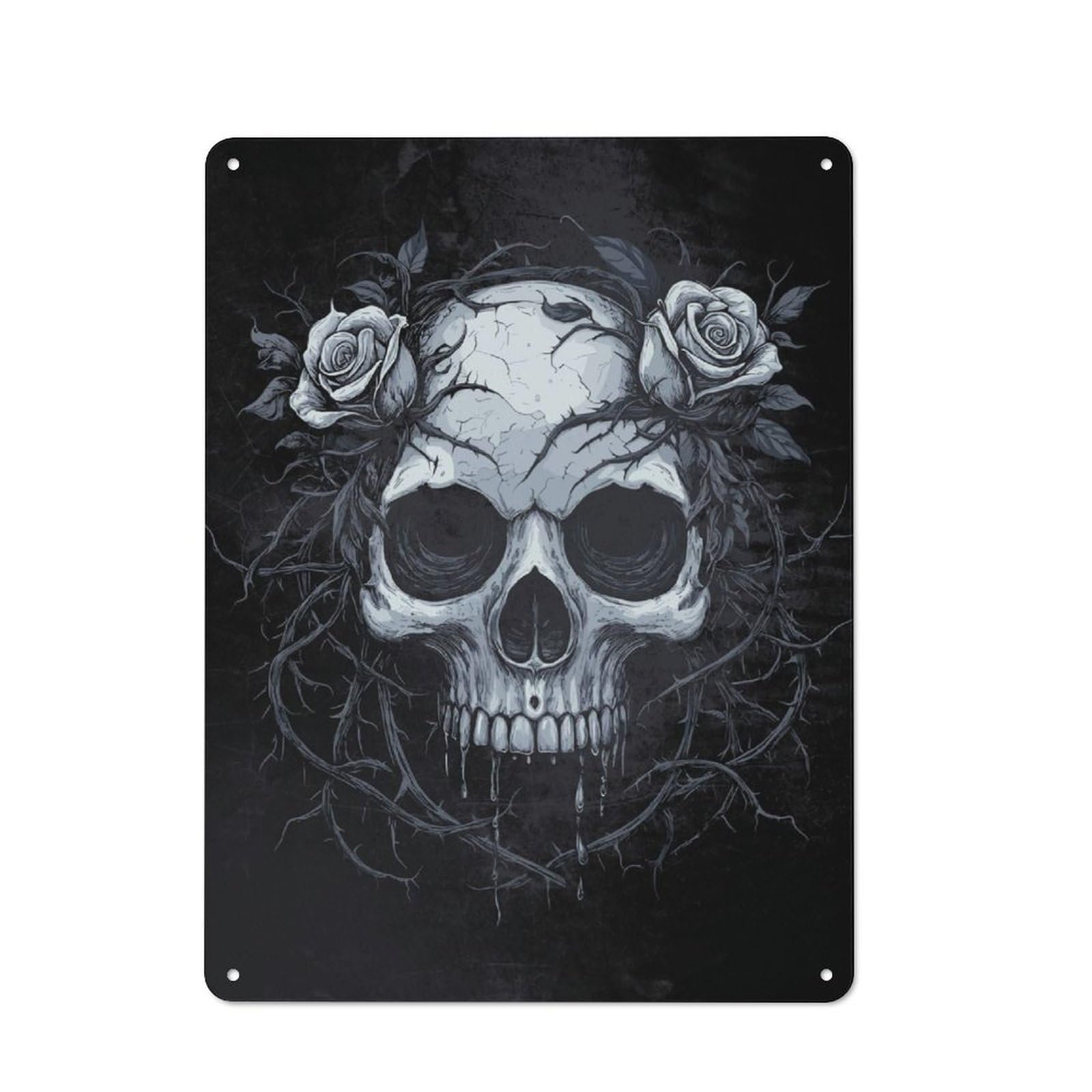Junmoney Skull With Roses - Gothic Rustic Metal Wall Decor 40X30cm, Decorative Metal Plaque For Shed, Garden Room, Porch Or Garage
