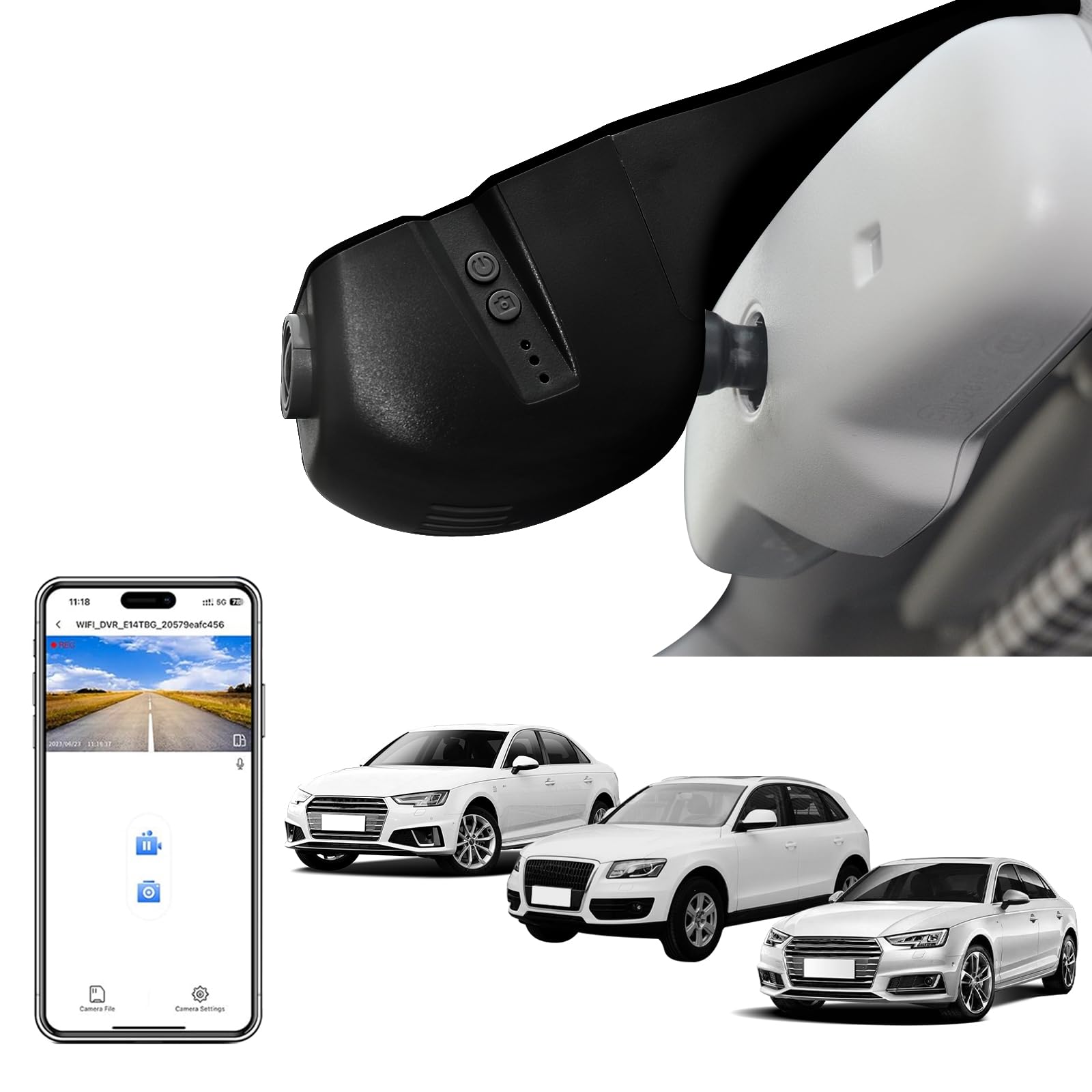Mangoal 4K Dash Cam Custom fit for Audi (Model B Black)A3 A4 A5 A6 A7 A8 Q3 | Q5 S3 S5 S7 S8 Allroad, Integrated OEM Look, UHD 2160P Video, G-Sensor, Loop Recording, WiFi & App, 64GB Card