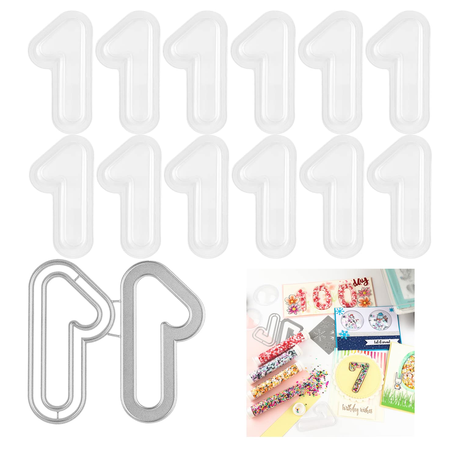 OTCRAFT 13Pcs Number 1 3D Shaker Covers Blisters Domes and Die Set for Shaker Cards Making Puffy Shaker Covers to Add Dimension Shaker Card Making Handmade Crafts Clear Pouch Cover Scrapbooking Tool