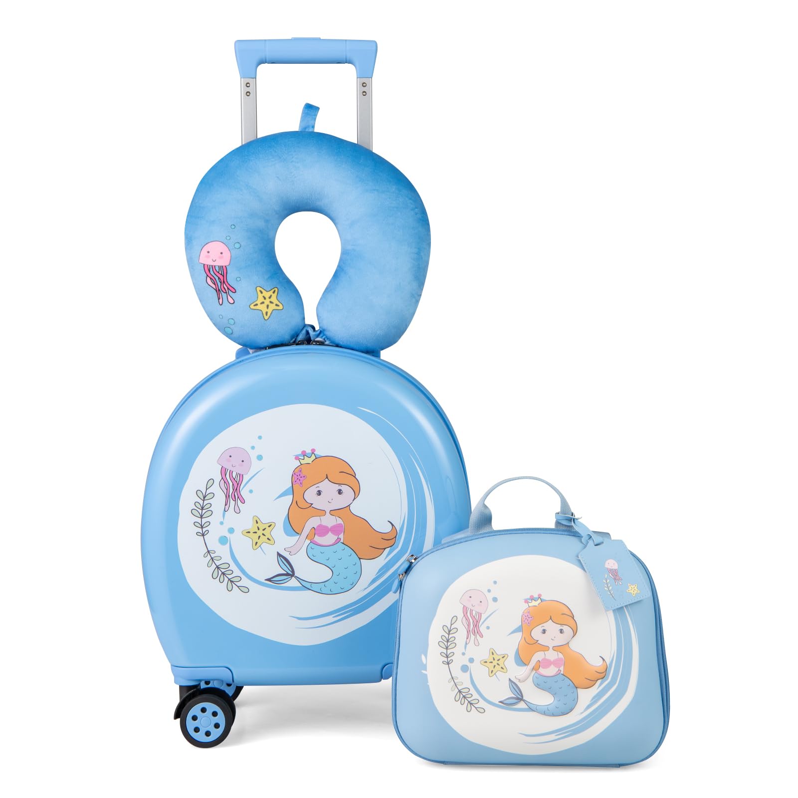 RELAX4LIFE Juego de Maleta Infantil para Niños de 4 Piezas, Maleta de 35,5 cm y Mochila de 25 cm con Cojín para El Cuello y Etiqueta de Nombre, Maleta Niños con Ruedas (Azul)