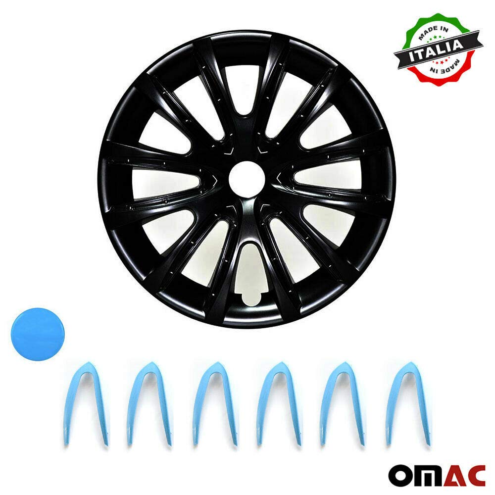 OMAC 4X Radkappen Radzierblenden Radblenden 15" Zoll Stahlfelgen Matt Schwarz-Blau