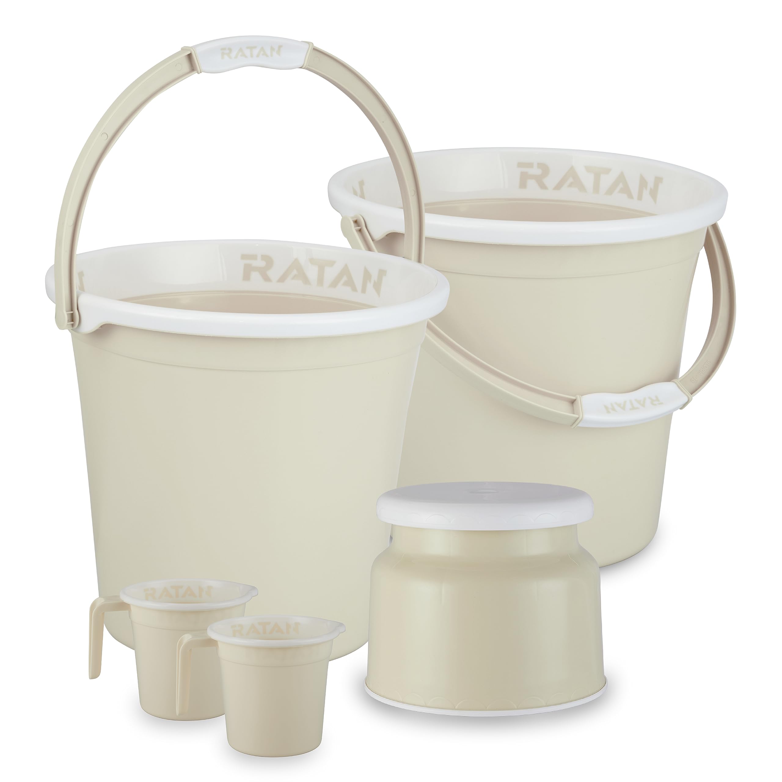 RATAN PLASTICWAREPlastic Bathroom Set of 5 Pieces Combo Pack Gloria Plain 18 Liters 2 Pieces Bucket + Nova Stool Patla 107 + Two Gloria Plain Bath Mug 1 Liter Color Twist Beige