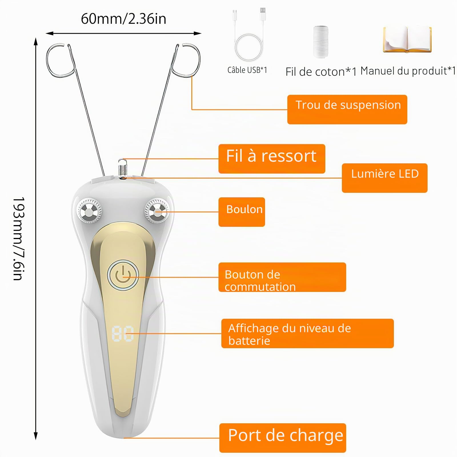 VOSSOT Épilateur électrique pour le visage pour femme, épilateur électrique pour le visage, épilateur USB pour le visage avec LED, épilateur pour le visage pour femme, masseur de visage, rasoir à