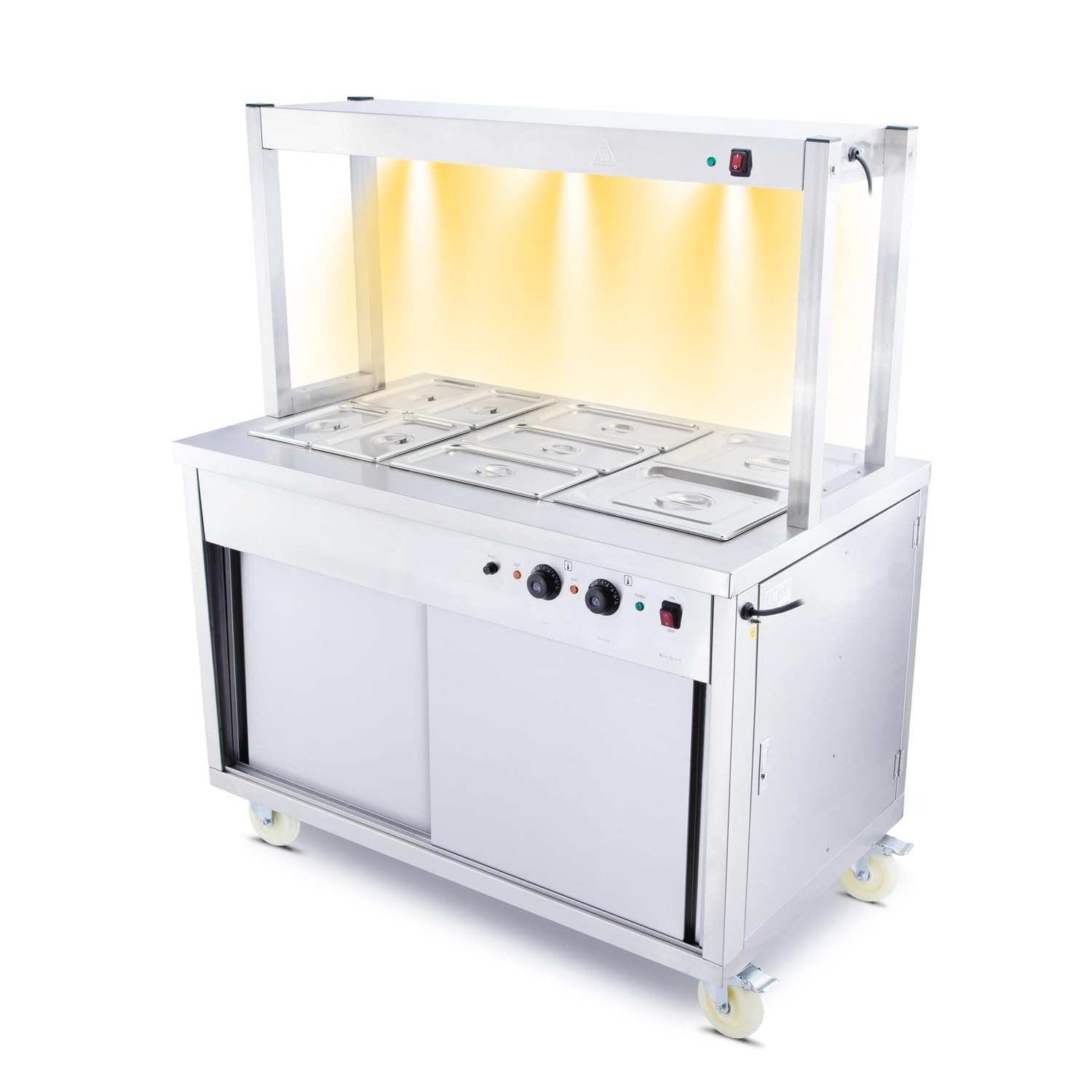 Armario móvil comercial para baño maría y caliente con pórtico calentado, estación de 150 cm de ancho, incluye 11 sartenes GN, calentador de catering de 240 V (enchufe británico)