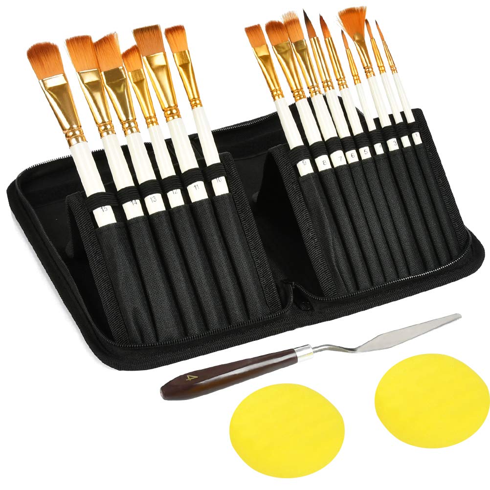 WOWOSS 15Pcs Professional Paint Brushes Set for Watercolour Acrylic Oil Painting, Artists Paint Brushes Set in Case with Free Palette Knife and Sponge for Painting, Models, Make-up(White)